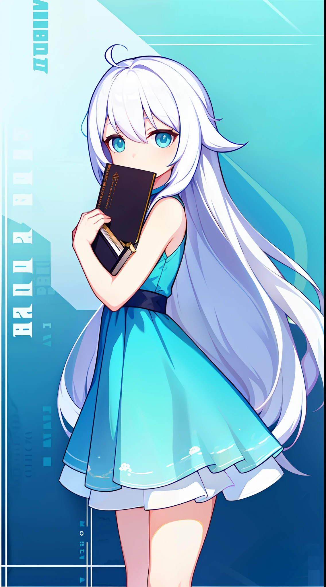 small girl, Long white hair, Cyan eyes, Blue sleeveless dress, book, Masterpiece, hiquality