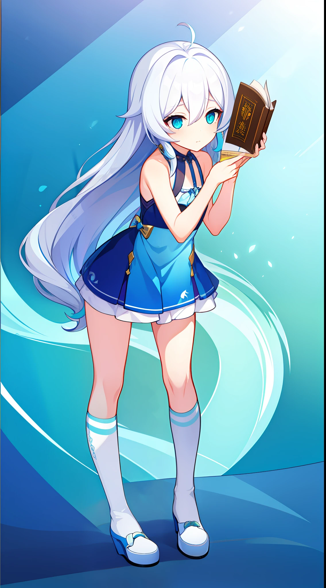 , Long white hair, Cyan eyes, Blue sleeveless dress, book, Masterpiece, hiquality