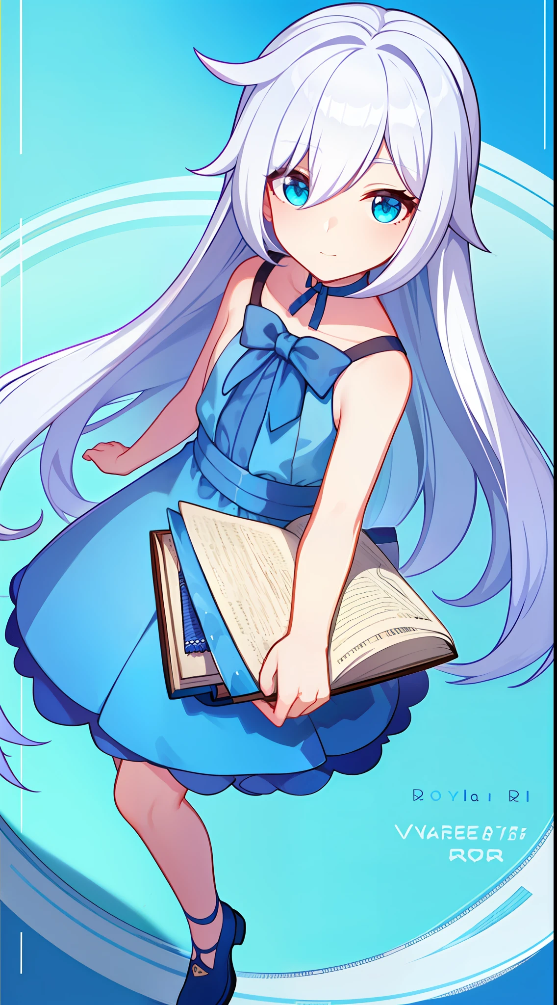 small girl, Long white hair, Cyan eyes, Blue sleeveless dress, book, Masterpiece, hiquality