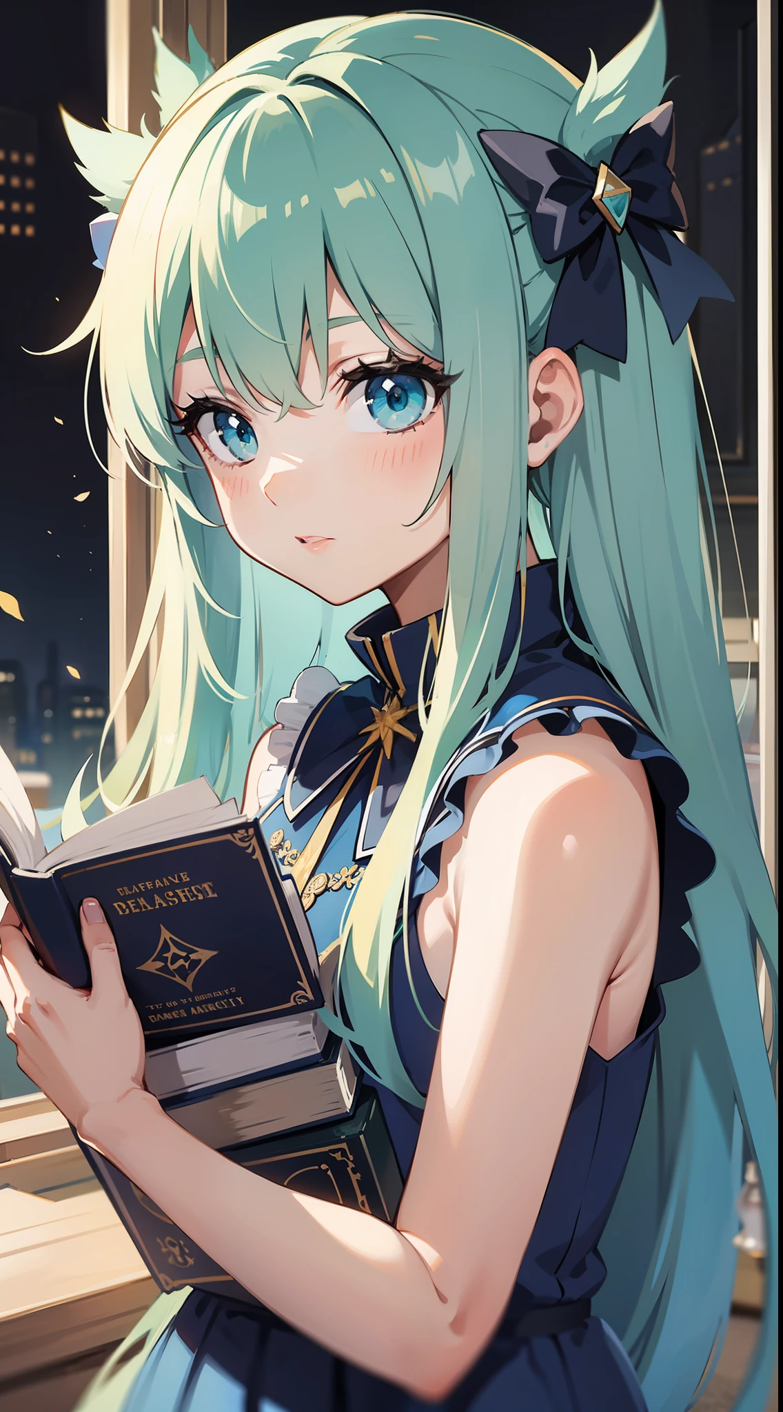 small girl, Long white hair, Cyan eyes, blue sleeveless dress, book, Masterpiece, hiquality