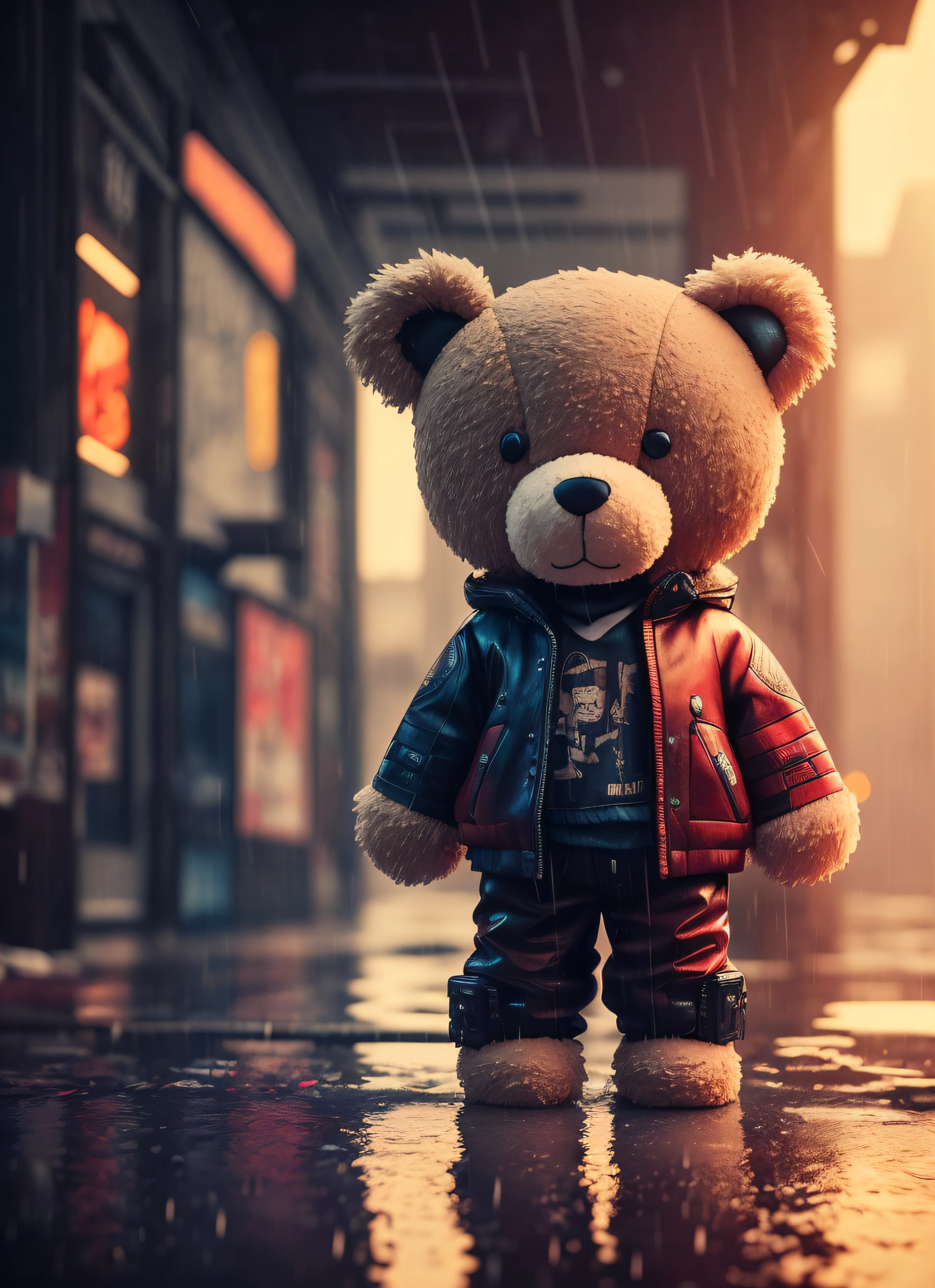 plush teddy, wet, (cyberpunk:1.1), rain, epic realistic, rutkowski, hdr, intricate details, hyperdetailed, cinematic, rim light, muted colors