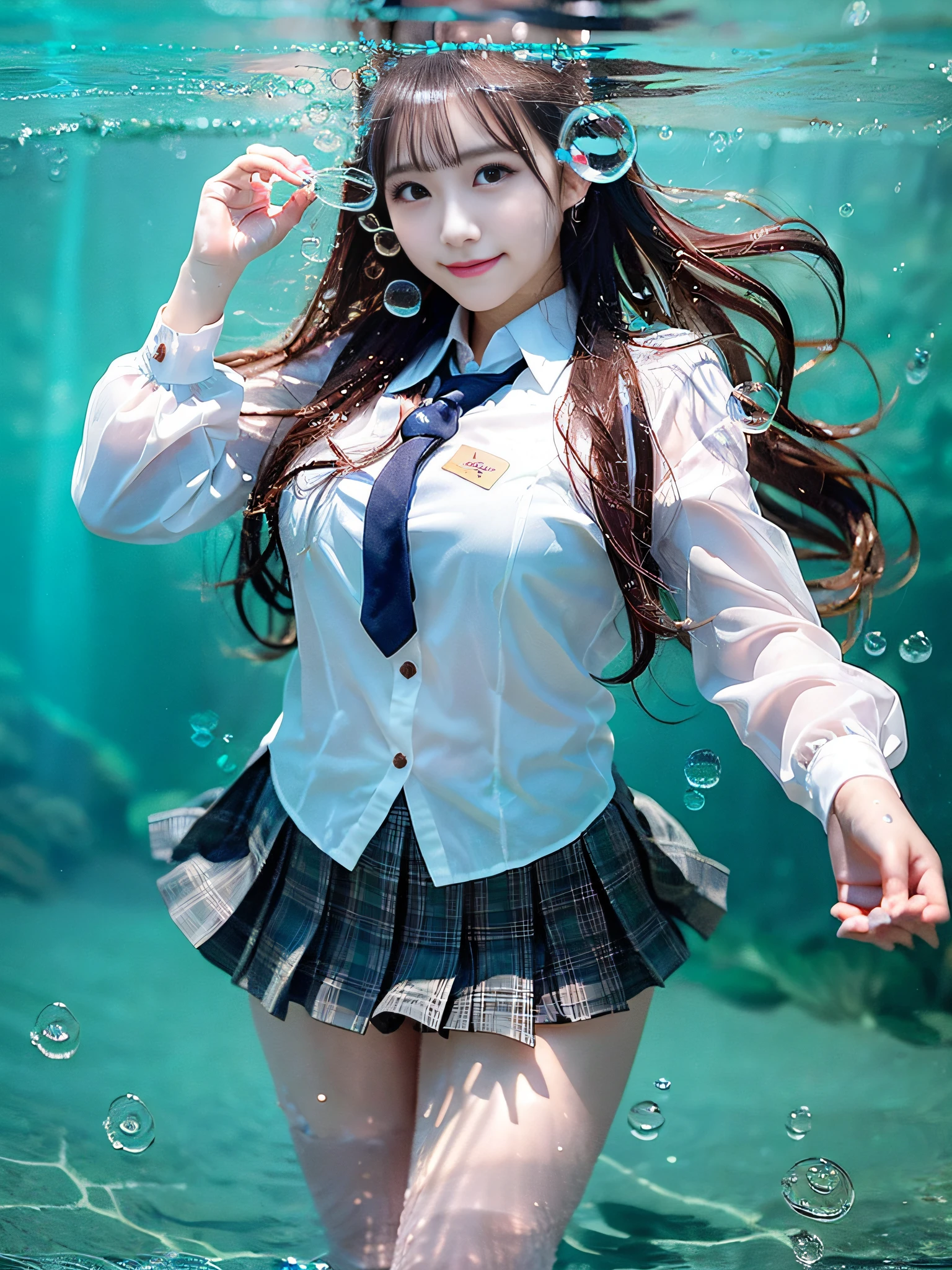 Gravure idol,((Japanese school uniform)),high school student,beautiful eyes, shy smile,blush, 1girl, solo focus,huge boobs,18 years old,focus on your eyes,full body,whole body,((Best quality, 8k, Masterpiece :1.3)), Sharp focus :1.2, (pretty Japanese girl with perfect figure :1.2), (in a underwater:1.6), water, air body soft particles, (air bubbles:1.5), closeup cinematic aquatic scene, air bubbles,under the sea