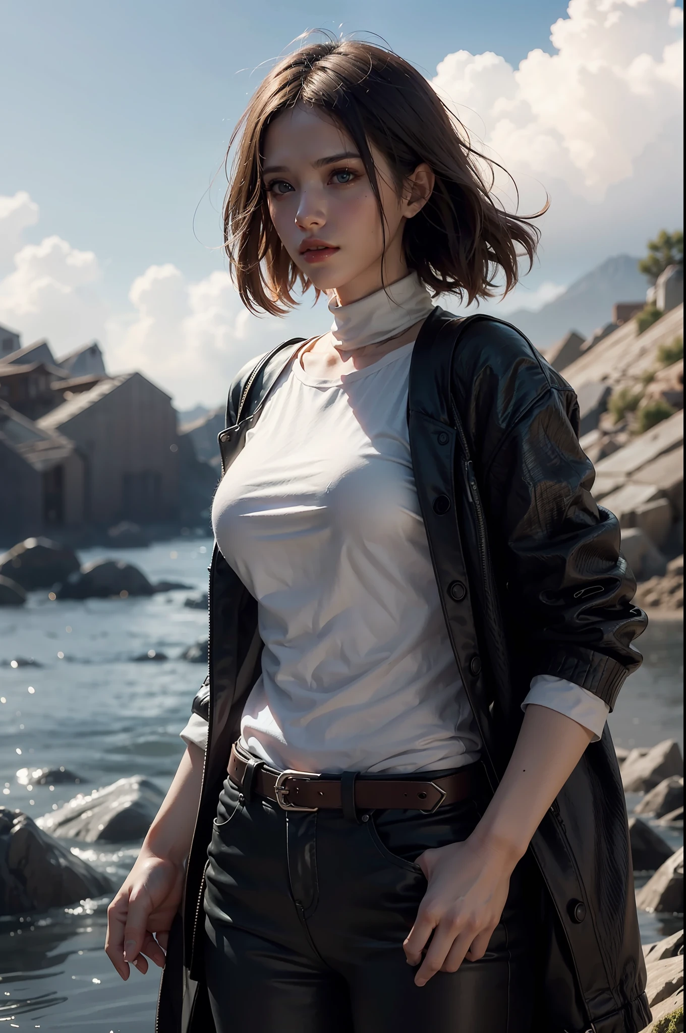 a highly detailed matte painting of a woman on a hill watching a giant alien monster, by makoto shinkai, by artgerm, by wlop, by greg rutkowski, volumetric lighting, octane render, 4k resolution, trending on artstation, masterpiece, hiden face