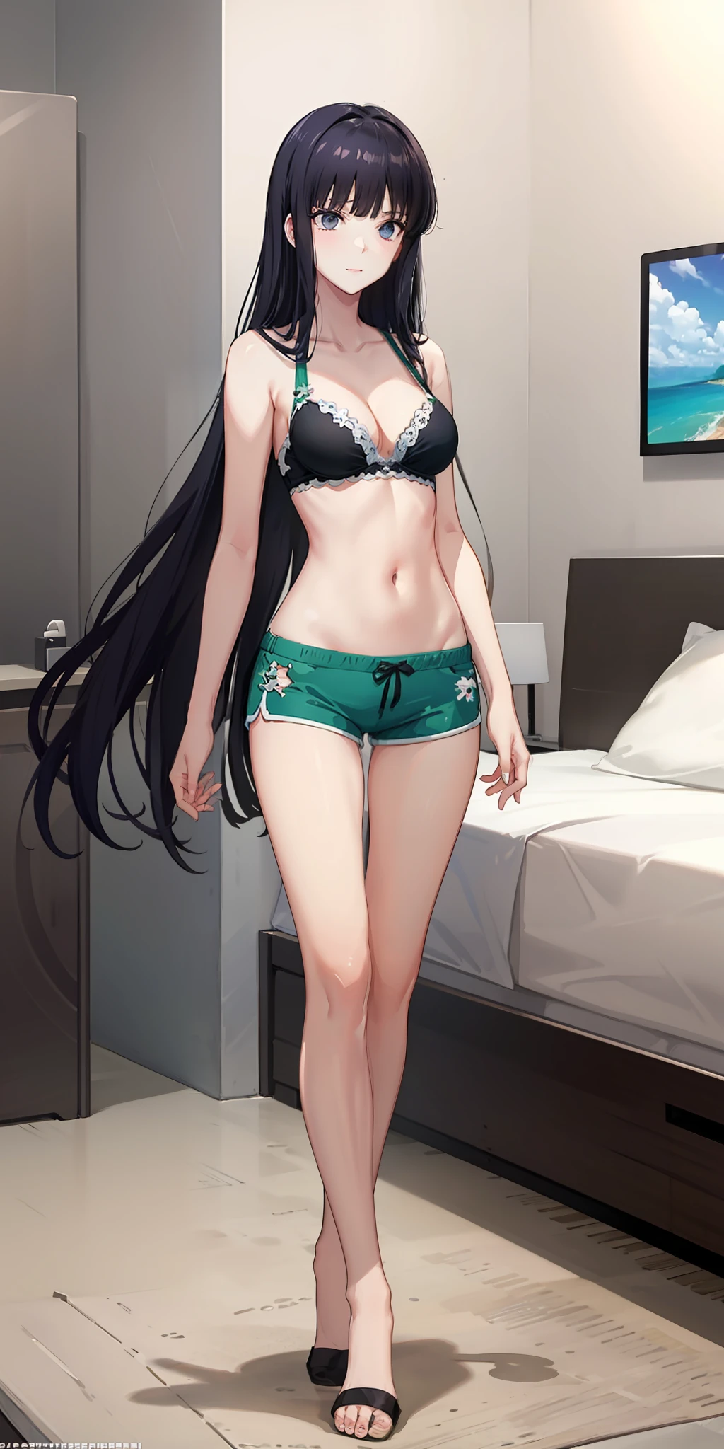 long hair, black hair, medium breast, slim legs, navel, nervous, hot pants, cleavage, bedroom