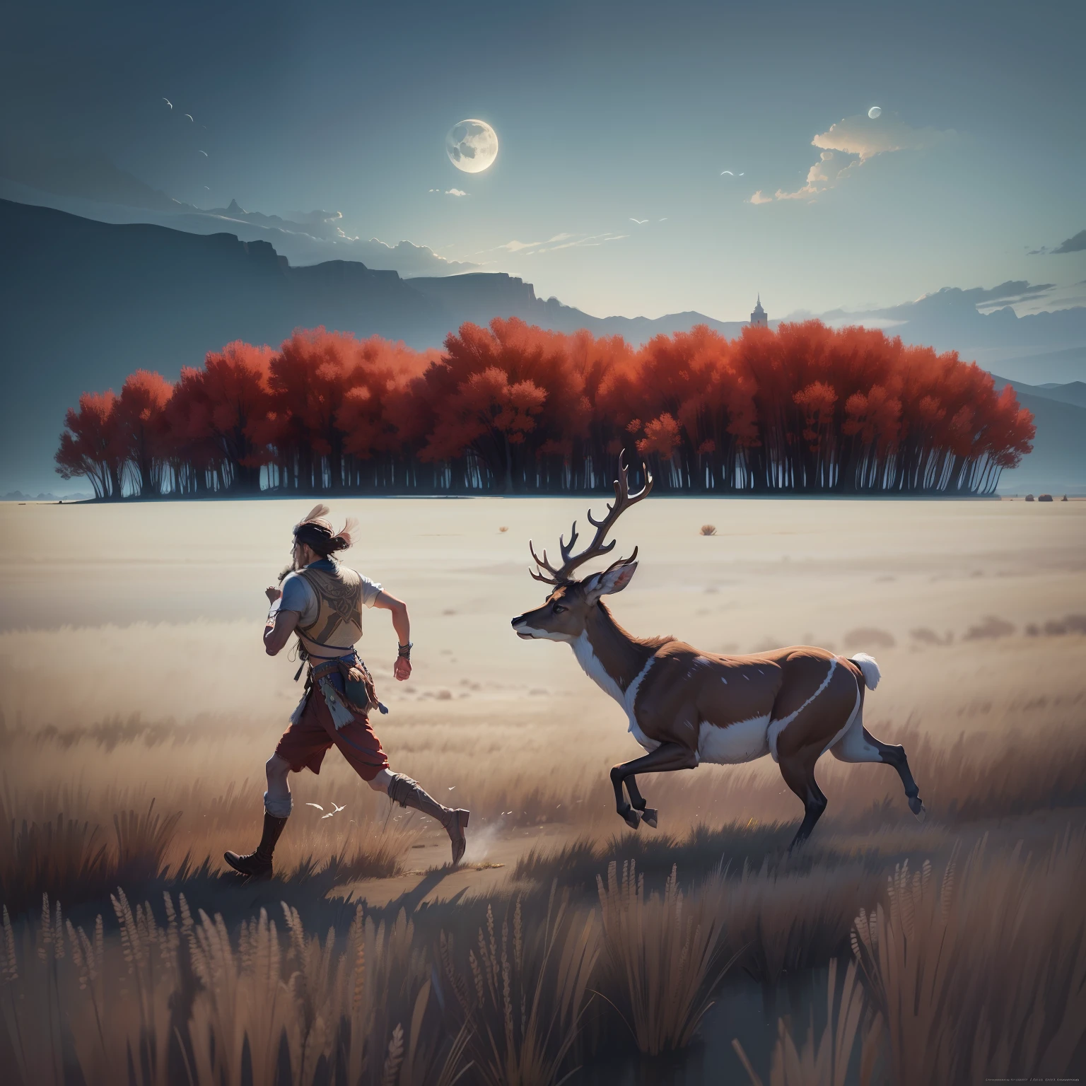 A man runs behind a deer in a wheat field and small red groves by the sea and the moon un visage symétrique parfait, Indigenous feather jewelry, Traditional handmade dress, warrior hunter armed, (((Far West))) environnement, Utah landscape, ultra realist, Art conceptuel, elegant, ((complexe)), ((highly detailed)), profondeur de champ, ((professionally colorful)), soft ambient lighting, twilight, 8k, dessin par Artgerm et Greg Rutkowski et Alphonse Mucha --auto