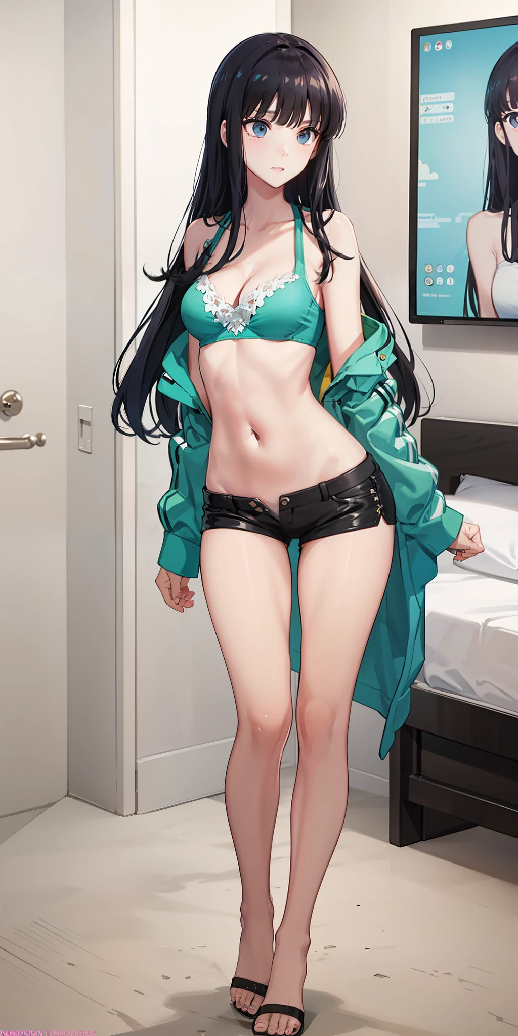 long hair, black hair, medium breast, slim legs, navel, nervous, hot pants, cleavage, bedroom