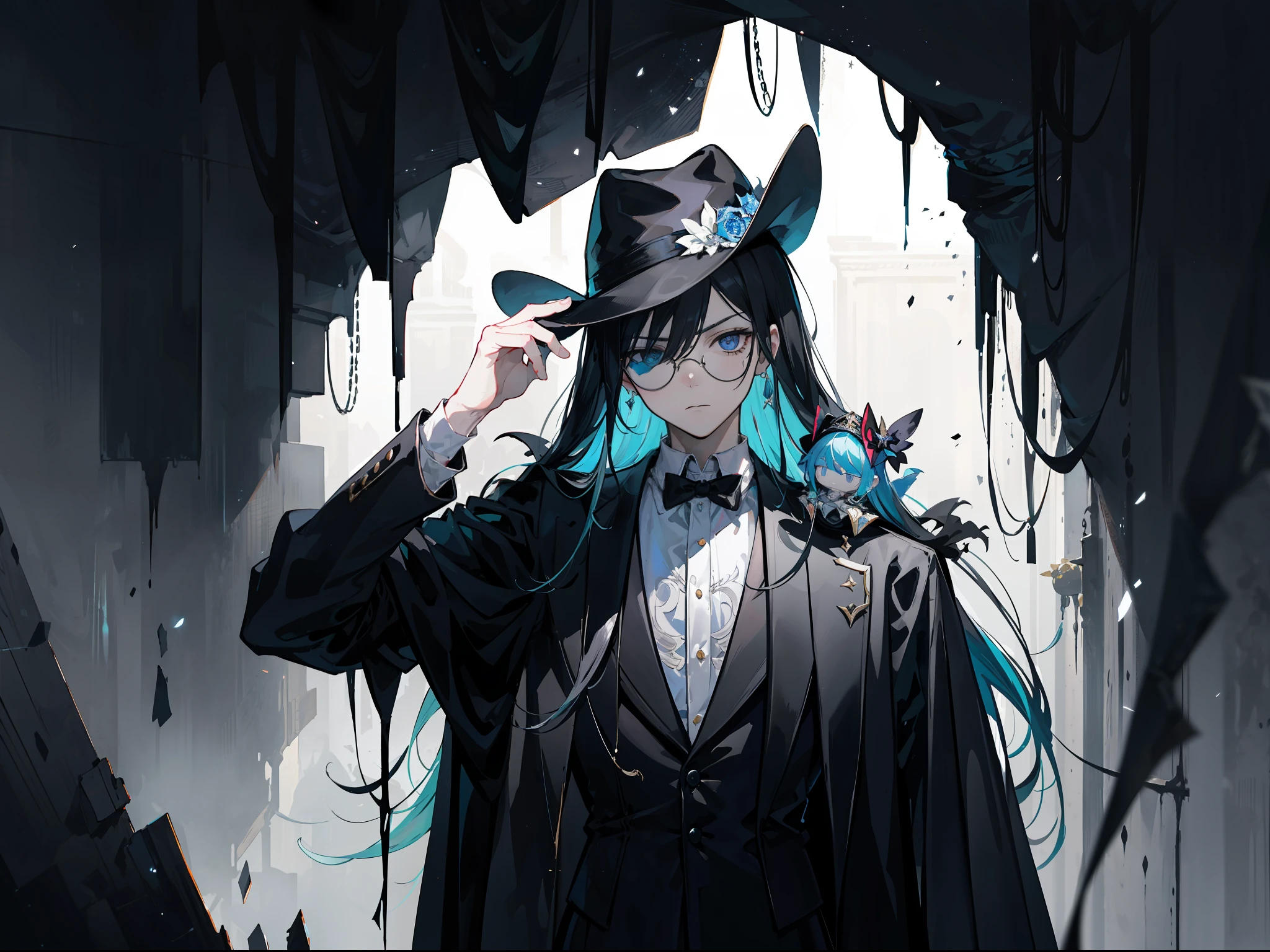 Draw the enigmatic character of Aldrian, the Maker of Legendary Dolls, whose appearance is captivatingly mysterious. He is adorned in a long, flowing black suit cloak that exudes an air of darkness surrounding him. A fedora hat perched on his head adds to the mystique, partially shrouding his face in shadow. His black tinted glasses enhance the visual allure and add an extra touch of enigma. In the illustration, Aldrian can be seen holding a living doll in one hand, asserting his fearsome abilities. The background could be a dark environment filled with dolls he has transformed in the past, creating an atmosphere that is both mysterious and profound. Furthermore, portray his facial expression with ambiguity, reflecting the inner conflict and remorse that envelopes this tragic figure. With your artistic flair, depict Aldrian with intricate details and creativity to evoke curiosity and spark the imagination of the viewers.