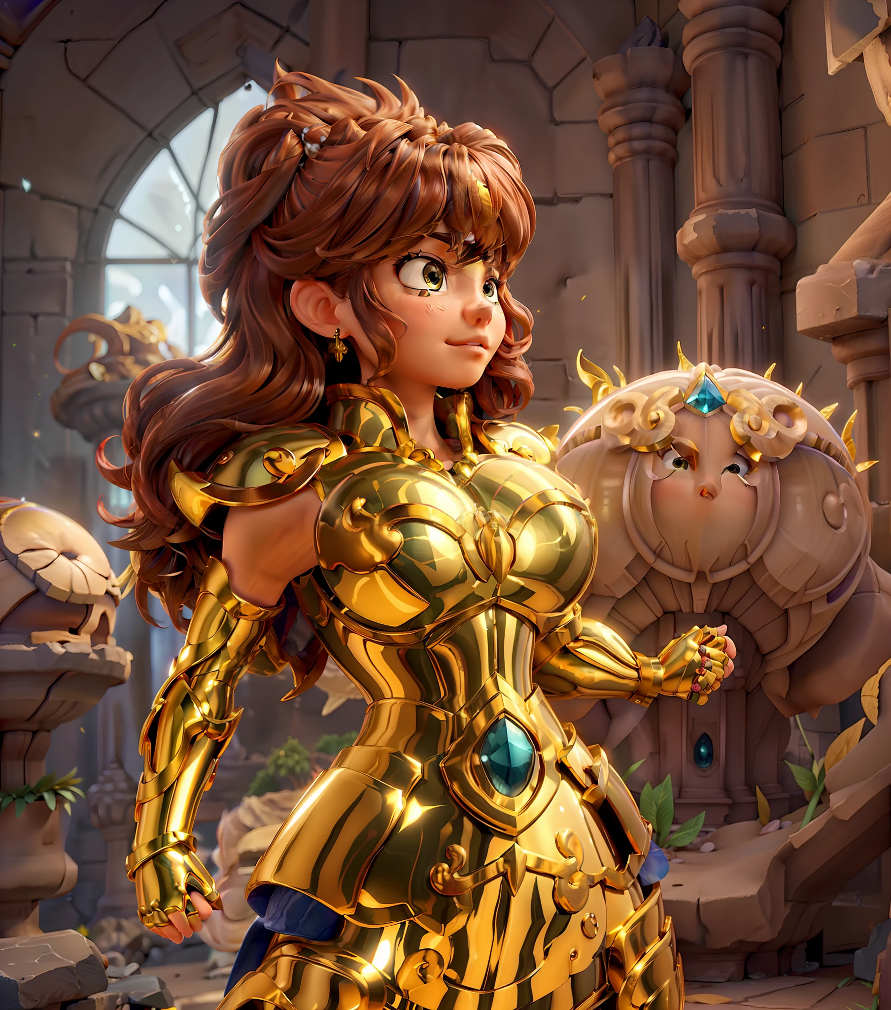 Ultra-high saturation(tmasterpiece), fully body photo,(best qualtiy),(1girll),super wide shot, sface focus, Wearing gold Leo armor,Stone palace background sexy armor,No underwear,Naked,Bling armor,Fine fine skin,Plump breasts,Expose your chest,Expose the waistline,Exposing thighs,cool-pose, Saint Seiya Armor, messy hair,highly detailed realistic photograph of, (((cellshading))), god light, super sharp focus, Ultra high quality, vibrant, (extremely giant breasts:1.7), (Bare breasts:1.4), , Long hair, (Shiny skin:1.4), shiny lip, Very big ass, Symmetrical detail face, shades, Sexy, Masterpiece,Ultra-high saturation,hight contrast,High-gloss armor,Smooth skin,Grim expression,Brown hair