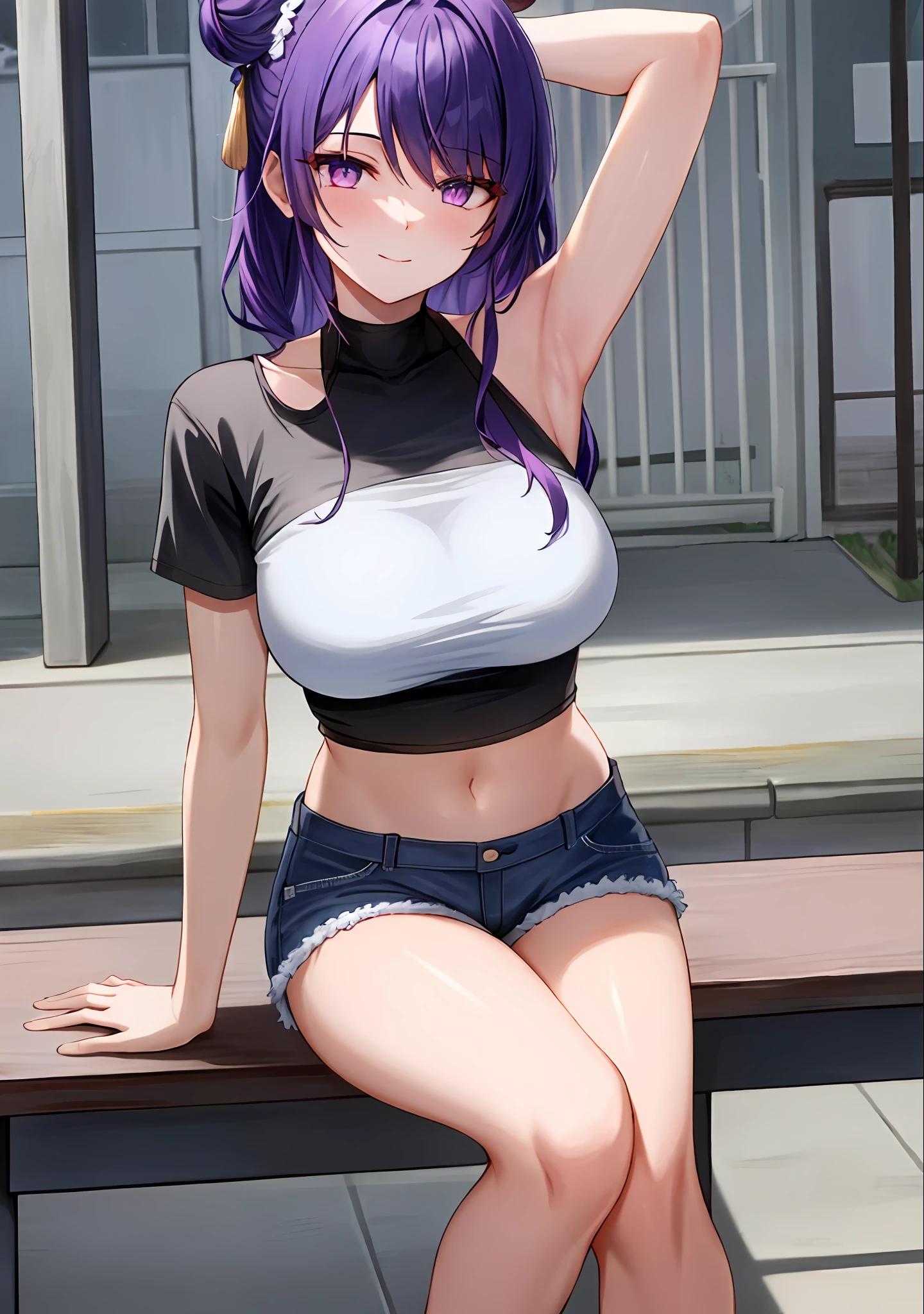 (masterpiece, best quality, ultra-detailed), keqing \(genshin impact\), (purple hair), cone hair bun, twin tails, long hair, swept bangs, braid, braided bangs, purple eyes, pink eyes,
(wearing a t-shirt:1.2), sitting on a chair outside of caf, embracing the natural beauty, sunlight, beautiful cloudy sky, city, street, denim shorts, black stocking,
medium breasts, thick thighs, critical angle, cowboy shot, arm behind head, arm behind back, armpits, light smile, crop top, strong and seductive expressions,,
