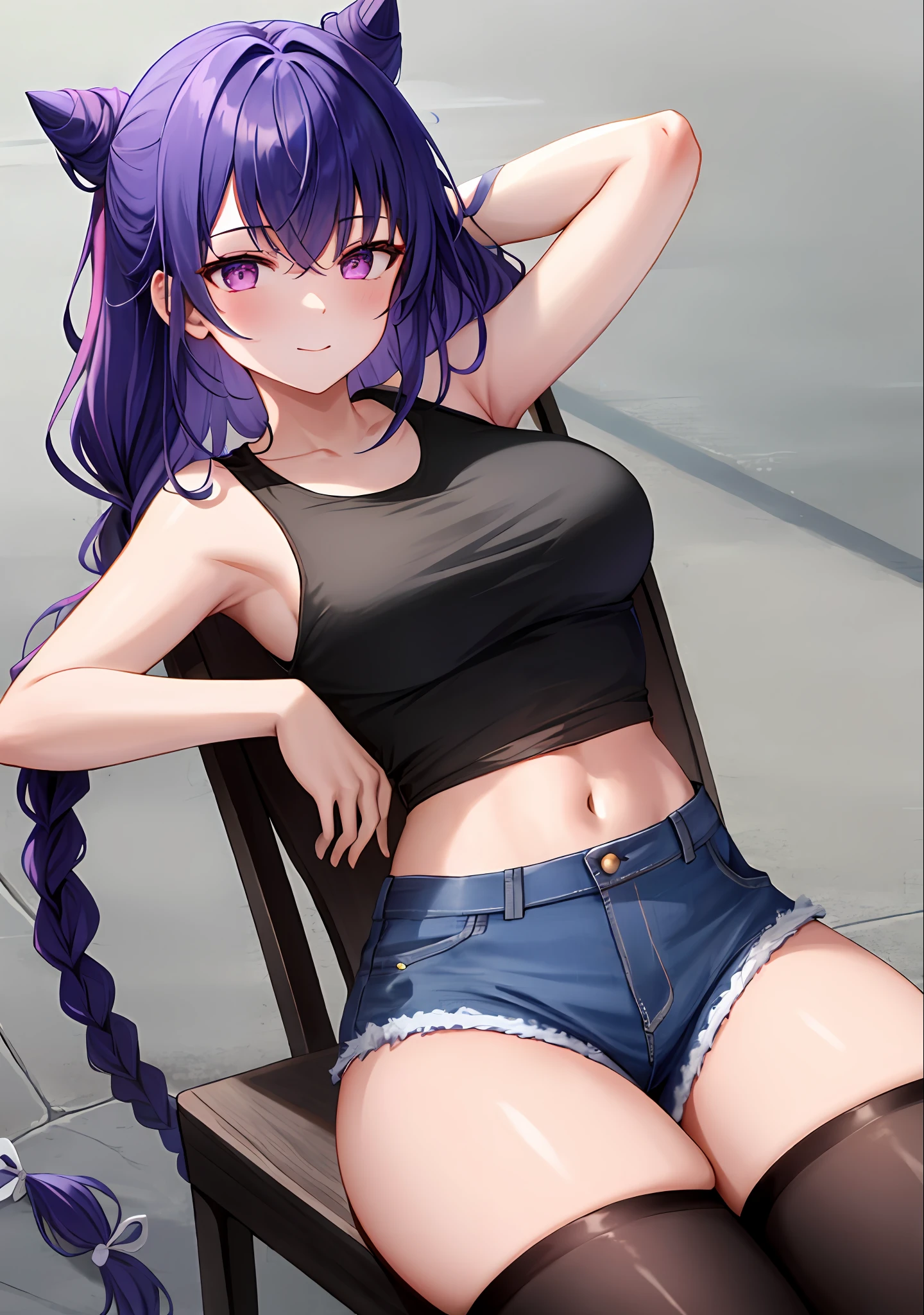 (masterpiece, best quality, ultra-detailed), keqing \(genshin impact\), (purple hair), cone hair bun, twin tails, long hair, swept bangs, braid, braided bangs, purple eyes, pink eyes,
(wearing a t-shirt:1.2), sitting on a chair outside of caf, embracing the natural beauty, sunlight, beautiful cloudy sky, city, street, denim shorts, black stocking,
medium breasts, thick thighs, critical angle, cowboy shot, arm behind head, arm behind back, armpits, light smile, crop top, strong and seductive expressions,,