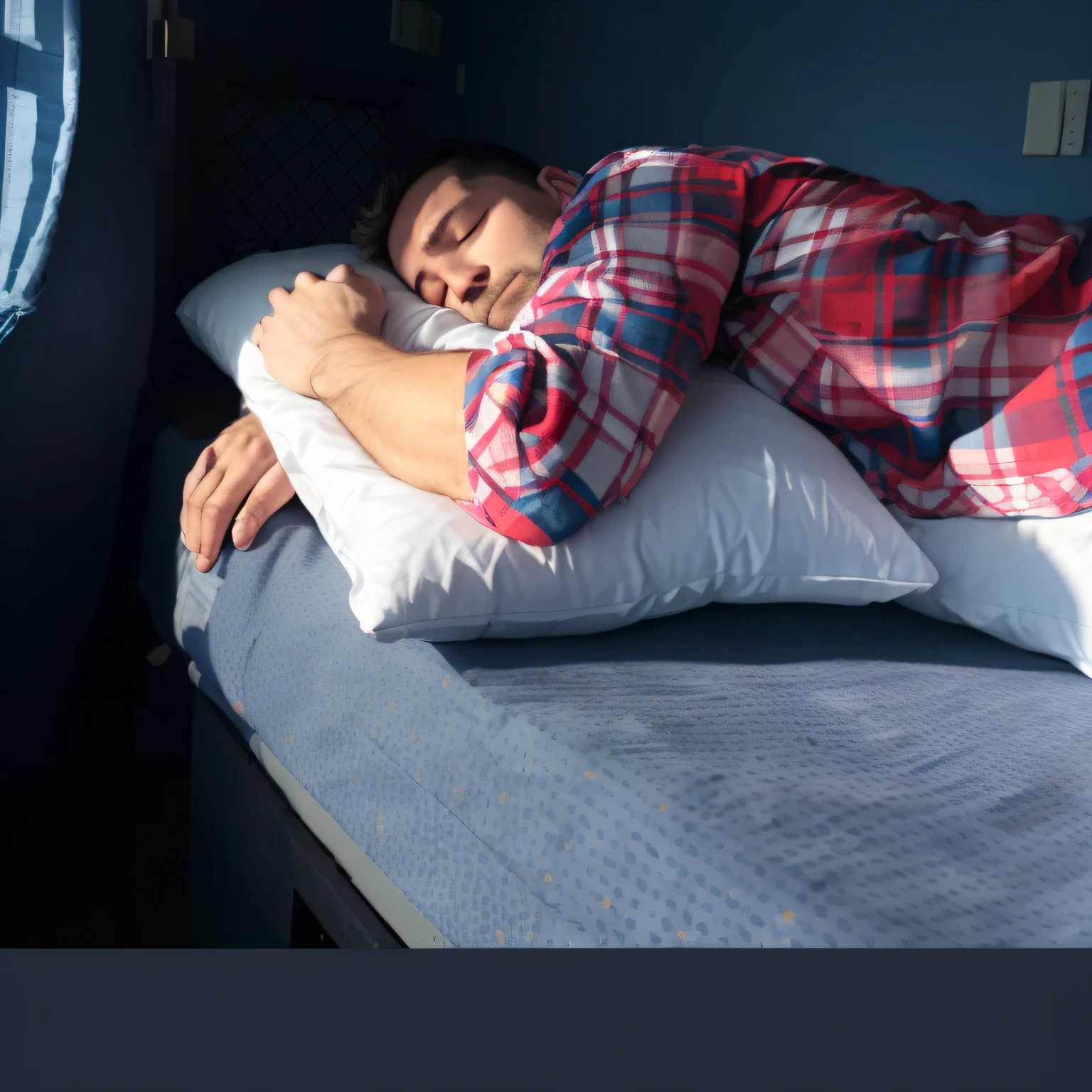 There was a man sleeping on a bed in the room, Back against the pillow, Sleeping, someone sits in bed, Lie down in bed, goodnight, BREAK BREAK BREAK, sleep, resting on a tough day, Asleep, Extremely quality, Sleepy, lie on pillows, comfortable, world of sleepers, rectangle, High picture quality, easy