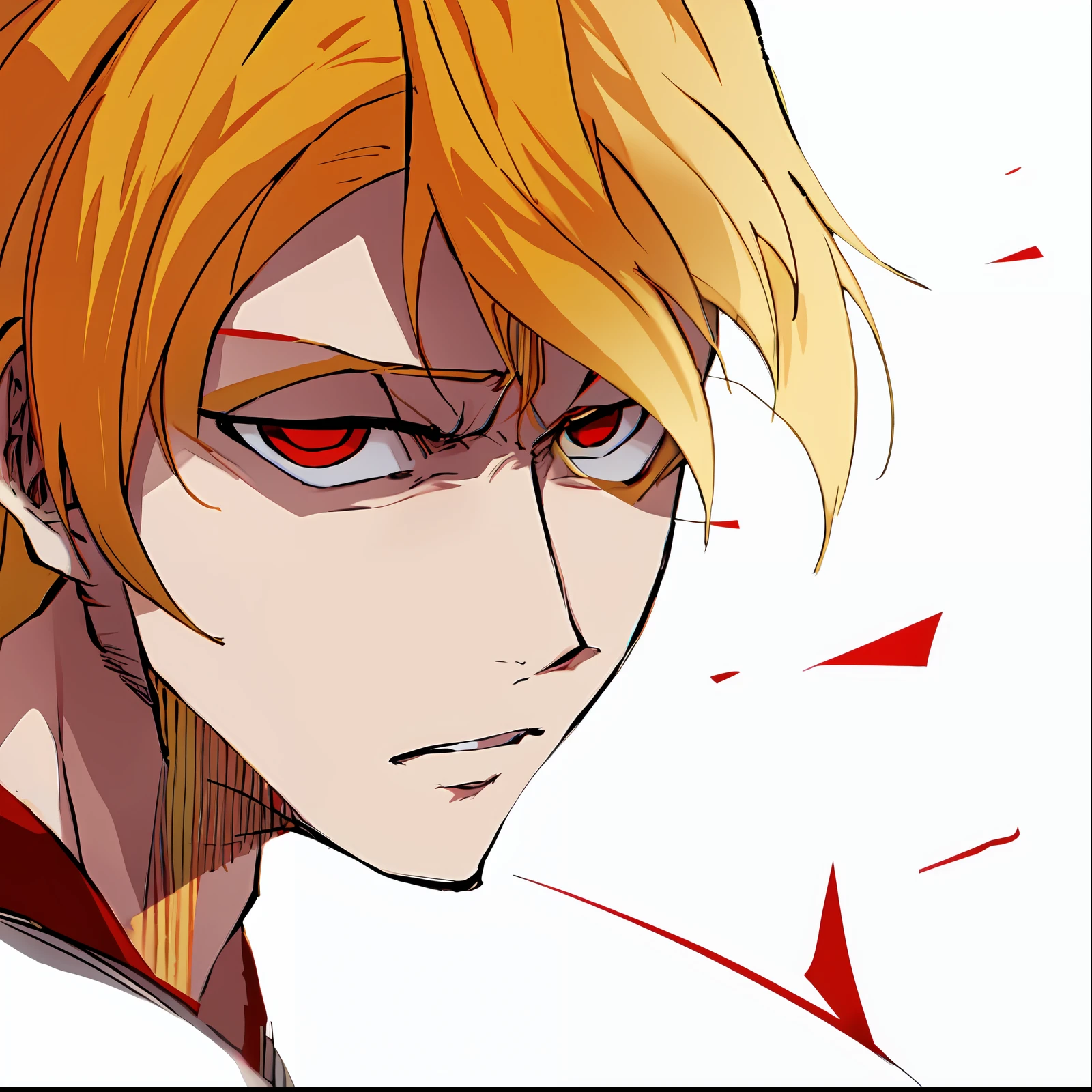 a anime of a man with blonde hair, red eyes, looking at viewer, angry, mad, color manga, manga color, color manga, color manga panel, simple background, a white background