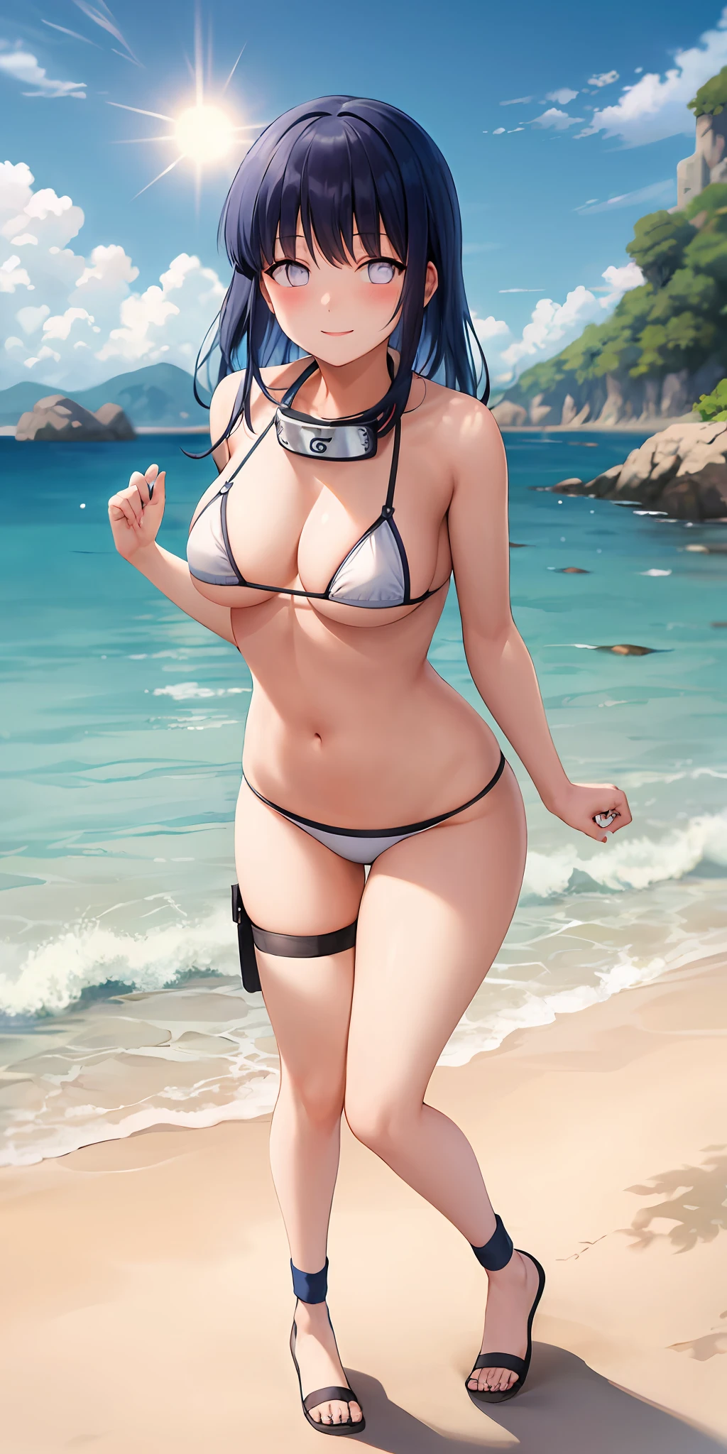 masterpiece, top-quality, 1人,White Micro Bikini,sea the background of,suns,full body Esbian,A smile,g-cup,red blush,Hinata Hyuga,darkblue hair