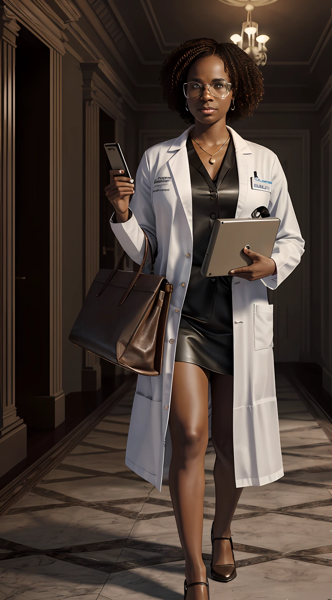 Photorealistic, real, final render, realistic, realism, a black woman scientist in a white lab coat, carrying a device and brown leather bag, in a haunted mansion hall, horror, scary, dark, dim