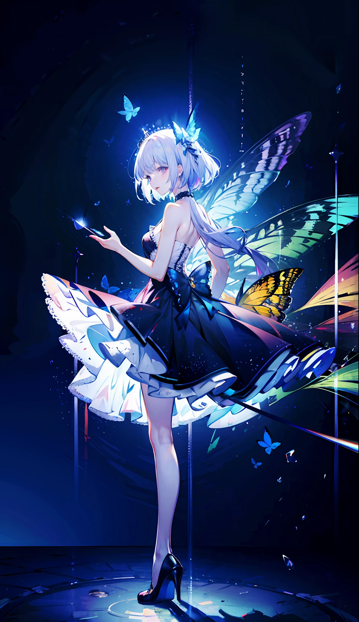 8k wallpaper，detailedbackground，Highest high resolution，silber hair，Bandeau princess dress，shift dresses，Castle background，A princess，butterflys，rays of moonlight，