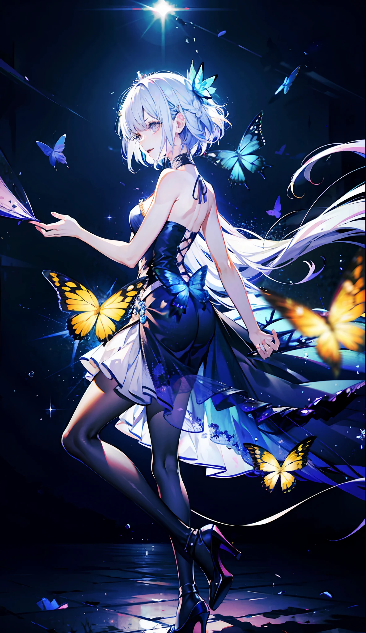 8k wallpaper，detailedbackground，Highest high resolution，silber hair，Bandeau princess dress，shift dresses，Castle background，A princess，butterflys，rays of moonlight，