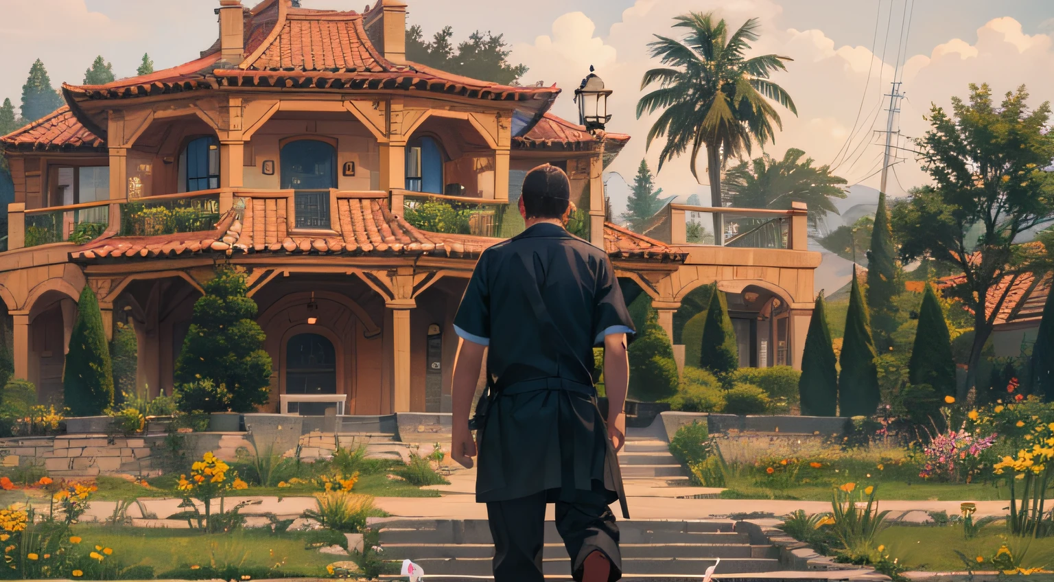 A man walks around the villa