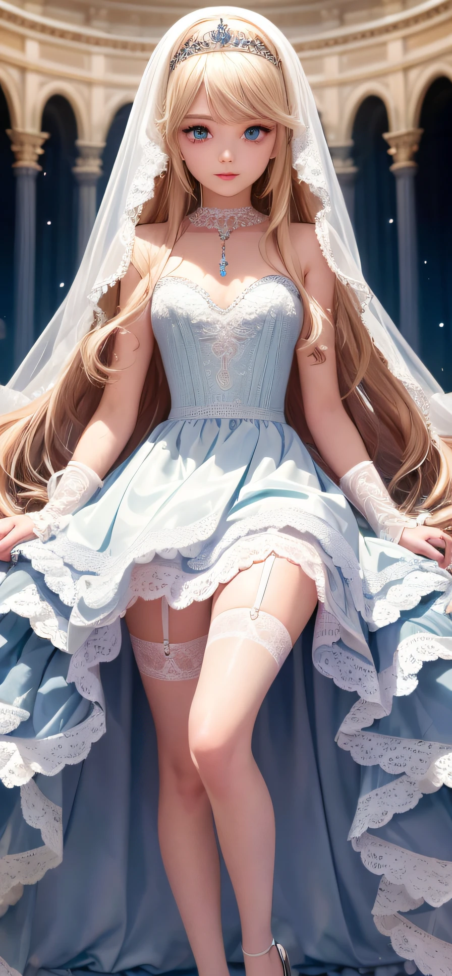 best quality, masterpiece, aquamarine eyes, full body, ( best quality, ultra-detailed), (best illumination, best shadow, an extremely delicate and beautiful), dynamic angle, Depth of field, (bloom), (shine), (solo), light, best, ornate, colorful, cinematic angle, adorable, 1girl, holy virgin, (light smile:0.6), very long hair, braided light blonde hair, (((detailed eyes))), looking at viewer, lace-trimmed dress, white dress, white garter straps, tiara, hair ornament, jewelry, ribbon choker, pendant, heaven, snowy, holy,