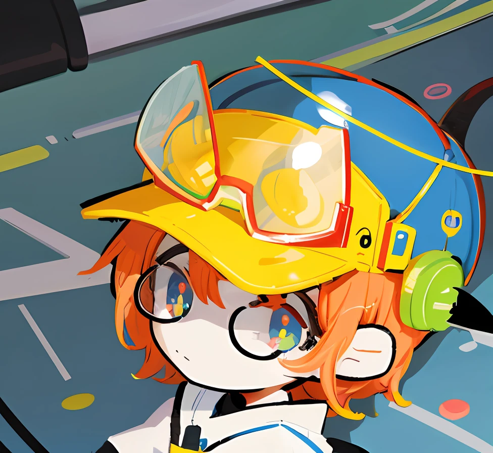 Toy for cartoon boy wearing hat and goggles, with neon visor, wearing a strange hat, cute character, flat anime style shading, Anime Stylization，Colorful baseball caps，Transparent boundaries，Exaggerated yellow glasses on top of the hat，There are cartoon propellers overhead