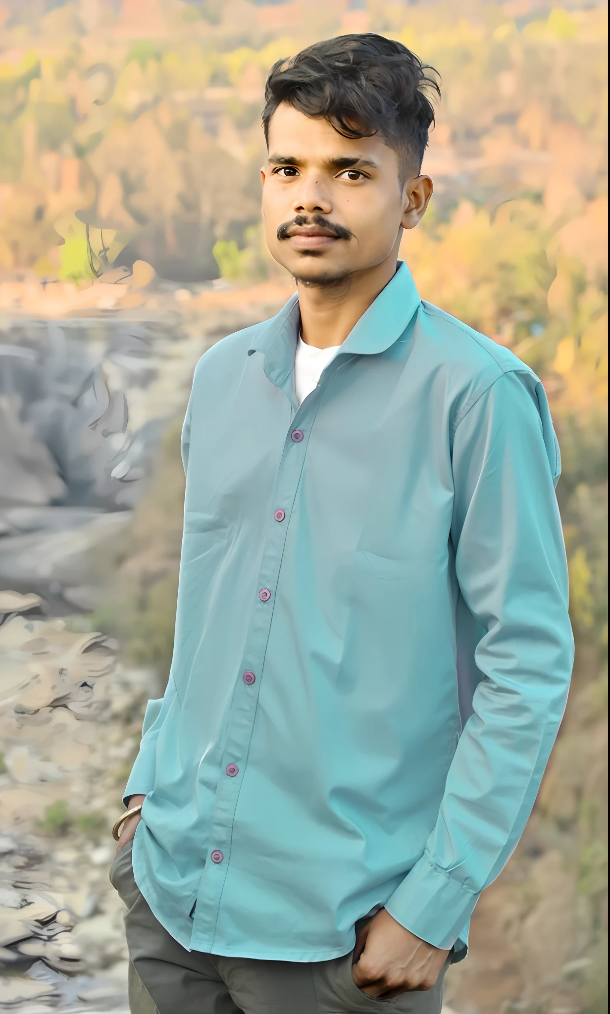 arafed man standing on a rocky cliff with a river in the background, amidst nature, inspired by Saurabh Jethani, full body photogenic shot, * colour splash *, hills in the background, portait image, full body photgraph, mid shot portrait, inspired by Kailash Chandra Meher, jayison devadas, stylish pose, greenish tinge