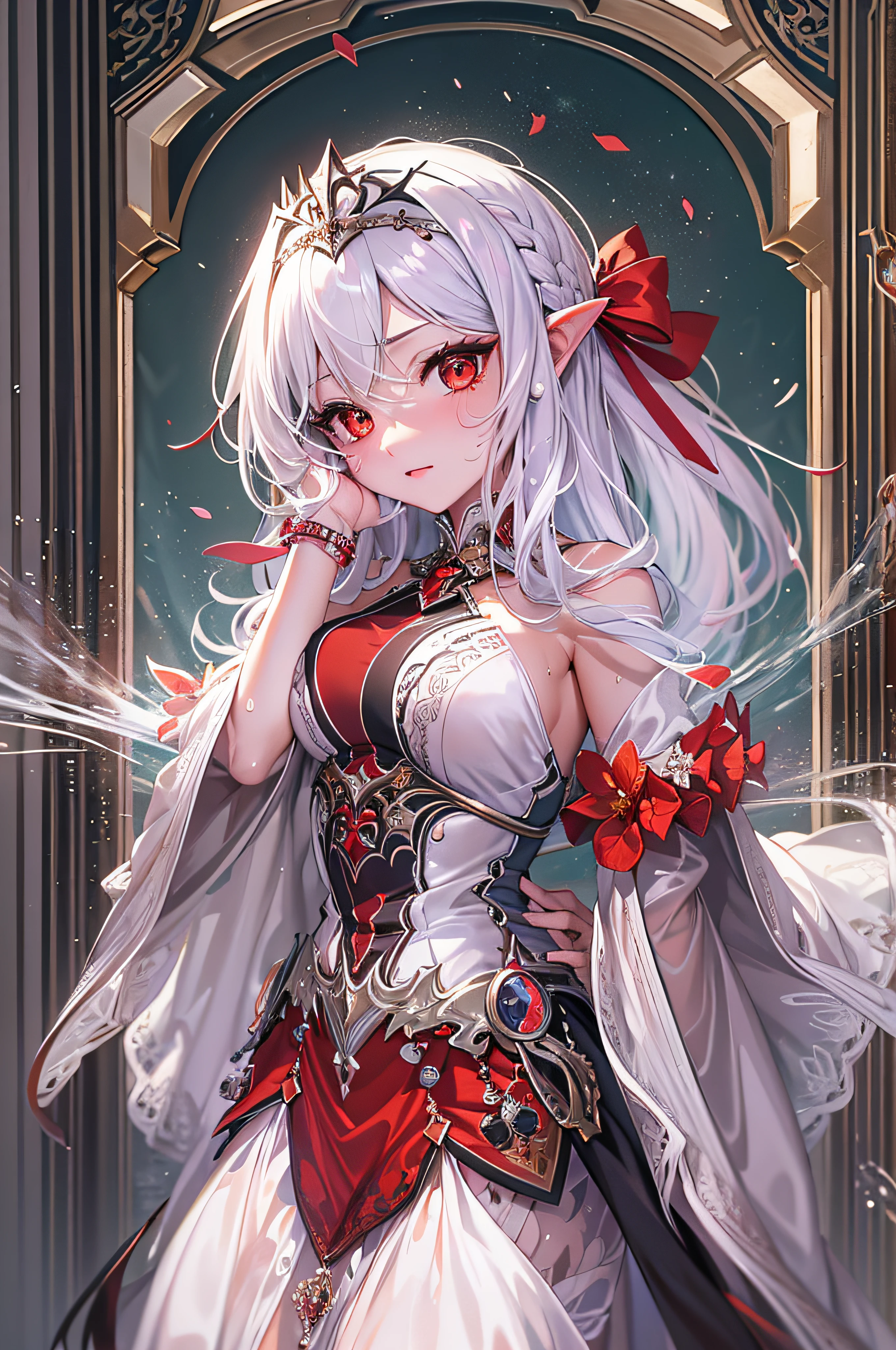 (masterpiece, top quality, best quality, official art, beautiful and aesthetic:1.2), (1girl:1.3), (fractal art:1.3),absurd, masterpiece, best quality, realistic, hyper-detailed, (shiny skin, sweaty:1.4), looking at viewer, slender, 1girl, solo, white sneakers, white miniskirt, straight long hair, princess cut, white hair, red eyes, (thick thighs:0.5), dynamic lighting, high resolution, sharp focus, depth of field, medium breasts, side boob, vampire, masterpiece, best quality, ultra-detailed, illustration, ultra-detailed face, best quality face, evil, 18 years old, adult, 1girl, 18 years old, white hair, alchemy outfit, intricate detailed outfit, sexy pose, glowing red dress, cute, kawaii, digital art, finely detailed eyes, blushing, red cheeks