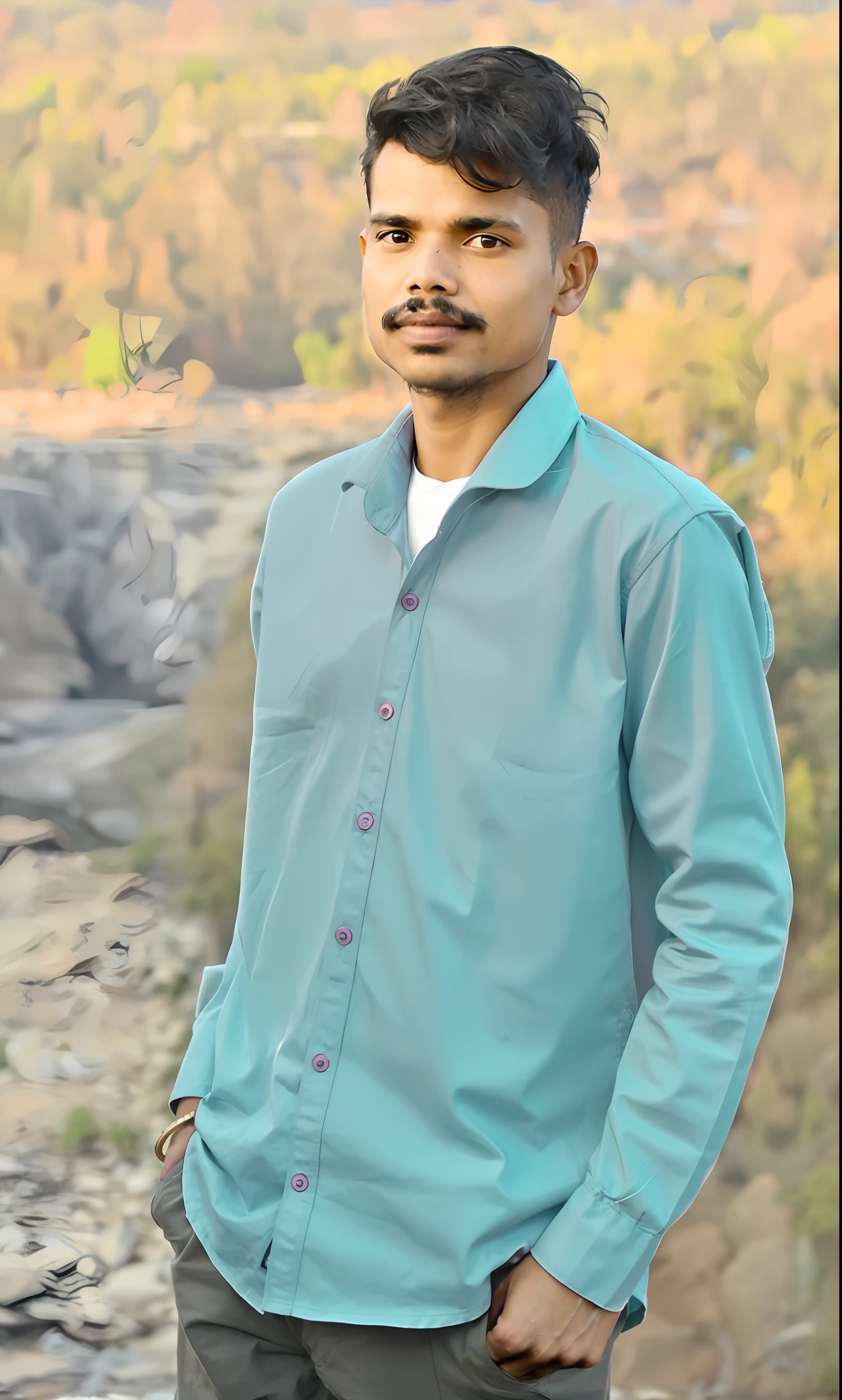 arafed man standing on a rocky cliff with a river in the background, amidst nature, inspired by Saurabh Jethani, full body photogenic shot, * colour splash *, hills in the background, portait image, full body photgraph, mid shot portrait, inspired by Kailash Chandra Meher, jayison devadas, stylish pose, greenish tinge