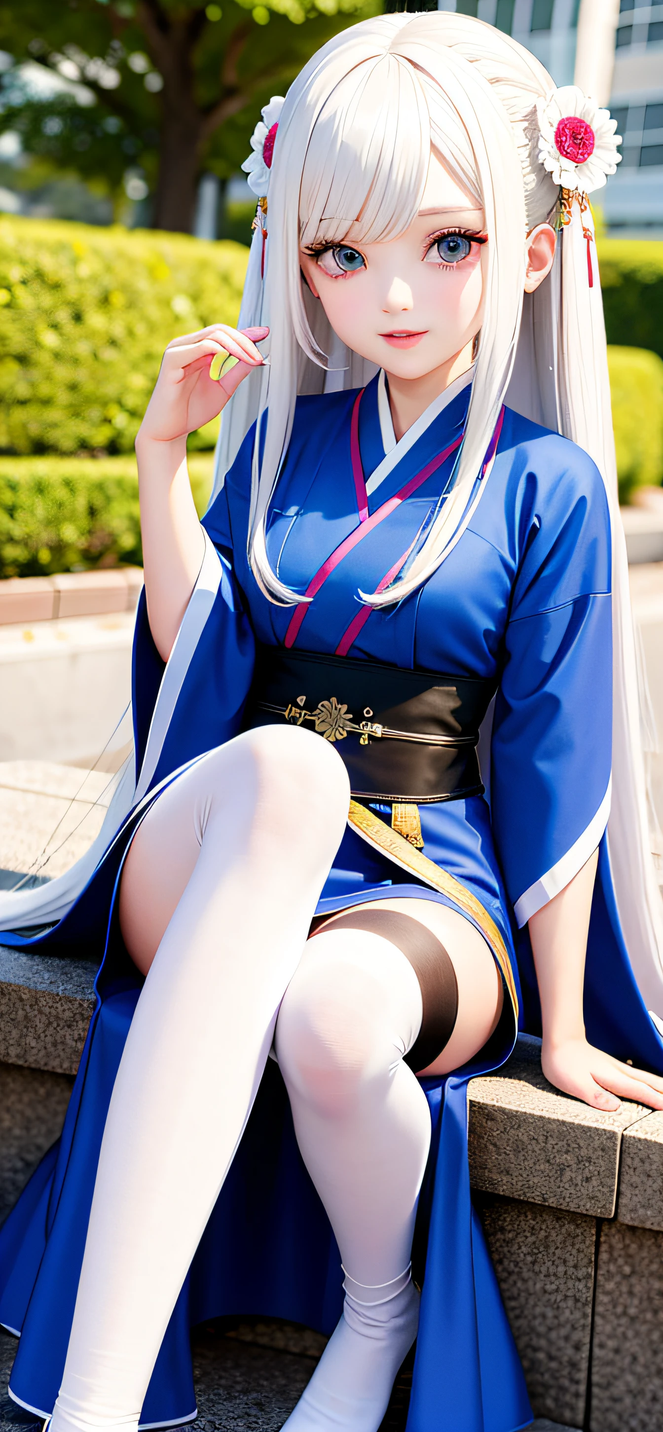 ((solo)),1 girl,Kpop idol,best quality, masterpiece,white hair,thighhighs over pantyhose,hanfu,Flower,hanfu girl,(detailed face:1.2)