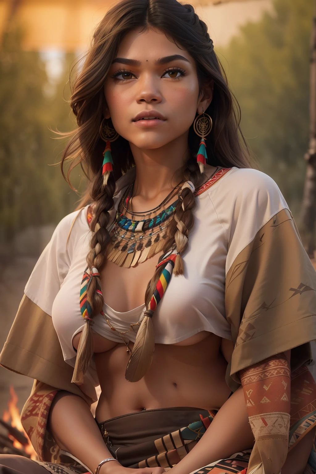 ((Zendaya is a native American woman)), ((who wears the typical clothes of a squaw)), (sitting on a campfire), (tipi in the background), ((schlanke frau)), (kleiner Kopf), ((natural skin texture)), ((she has small round breasts)), ((Ausdrucksstarkes detailliertes Gesicht)), (fotorealistisch), (Raytracing), (scharfer Fokus), ((full entire body)), ((cropped shirt and underboob)), (sie guckt verliebt))