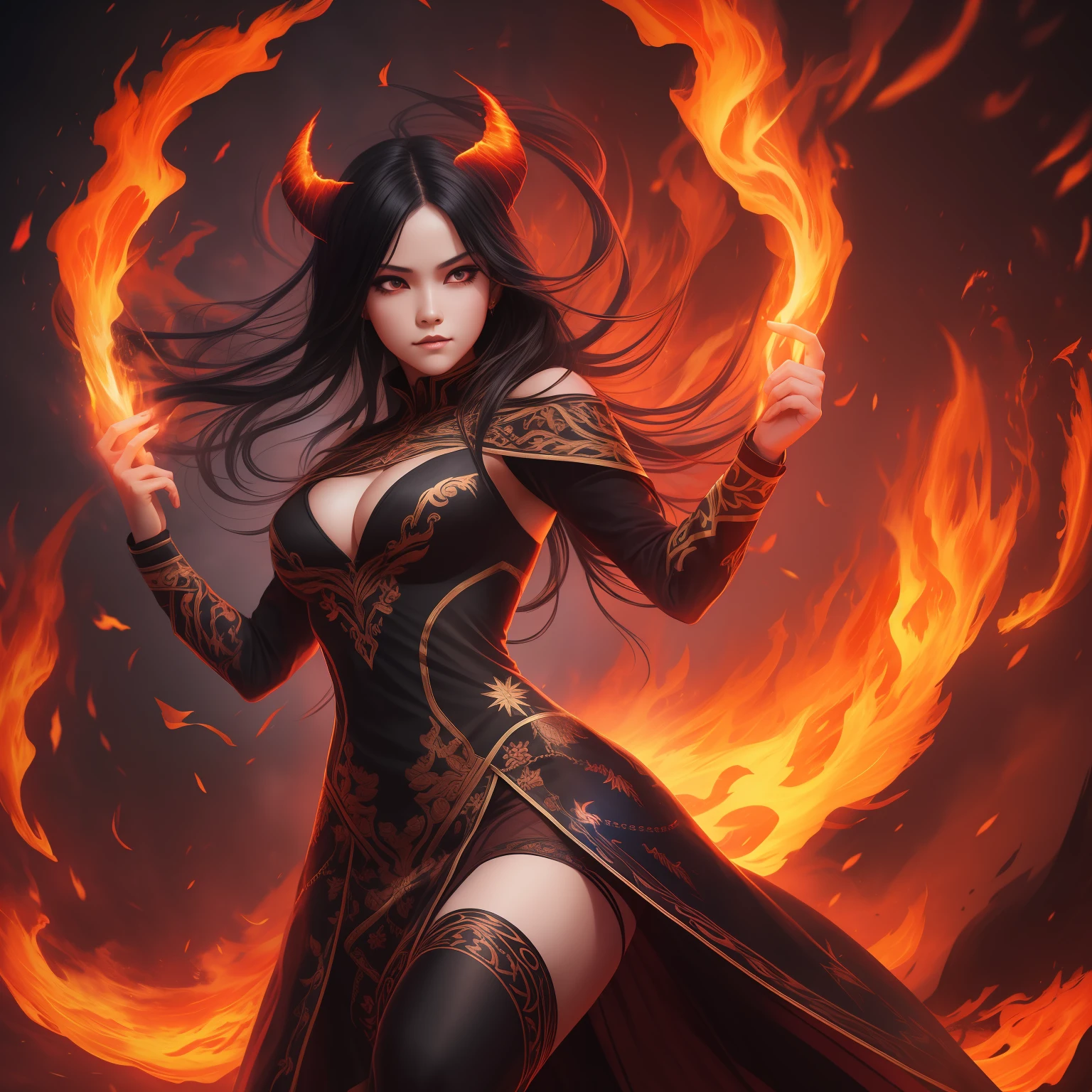 demon girl dancing with fire, perfect face, black hair, flashes of fire, lightning, night, raging flames, soaring, long flowing embroidered dress, dynamic lighting, high detail, complex background, clarity. high quality 4k