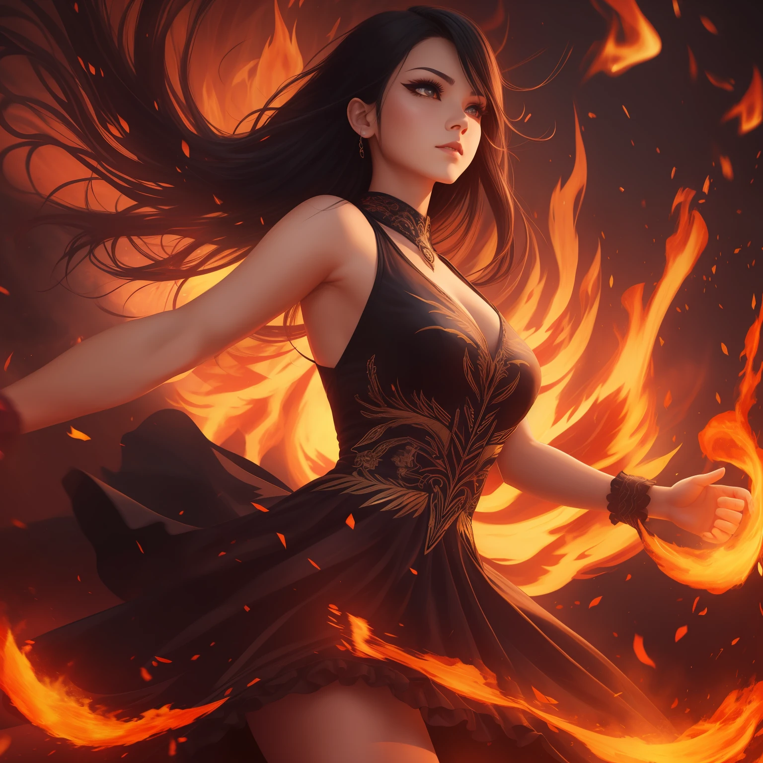 demon girl dancing with fire, perfect face, black hair, flashes of fire, lightning, night, raging flames, soaring, long flowing embroidered dress, dynamic lighting, high detail, complex background, clarity. high quality 4k