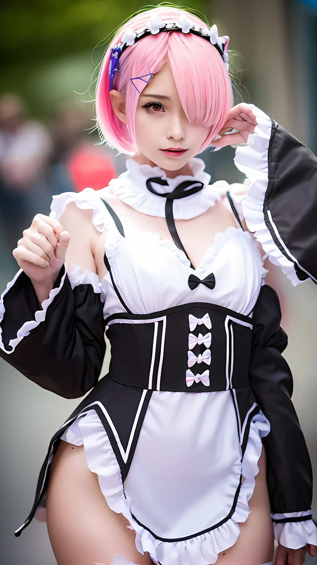 realistic, 1girl, pink hair, red eyes, masterpiece, top quality, high resolution, best quality, highres, ultra-detailed, Ram from Re:Zero, looking at viewers, 8k UHD, (masterpiece,best quality: 1.2), ultra-detailed face, highres, 1girl solo, ((female adult)), detail face, realistic, perfect hand, bokeh, perfect face, 8k UHD, 20 years old woman, (full body:1.5), (medium breasts:1.2), photorealistic, ultrarealistic, absurdres, incredibly absurdres, Canon EOS R6, 85mm, 1/200s, f/5.6, ISO 1600, nice hands, perfect hands