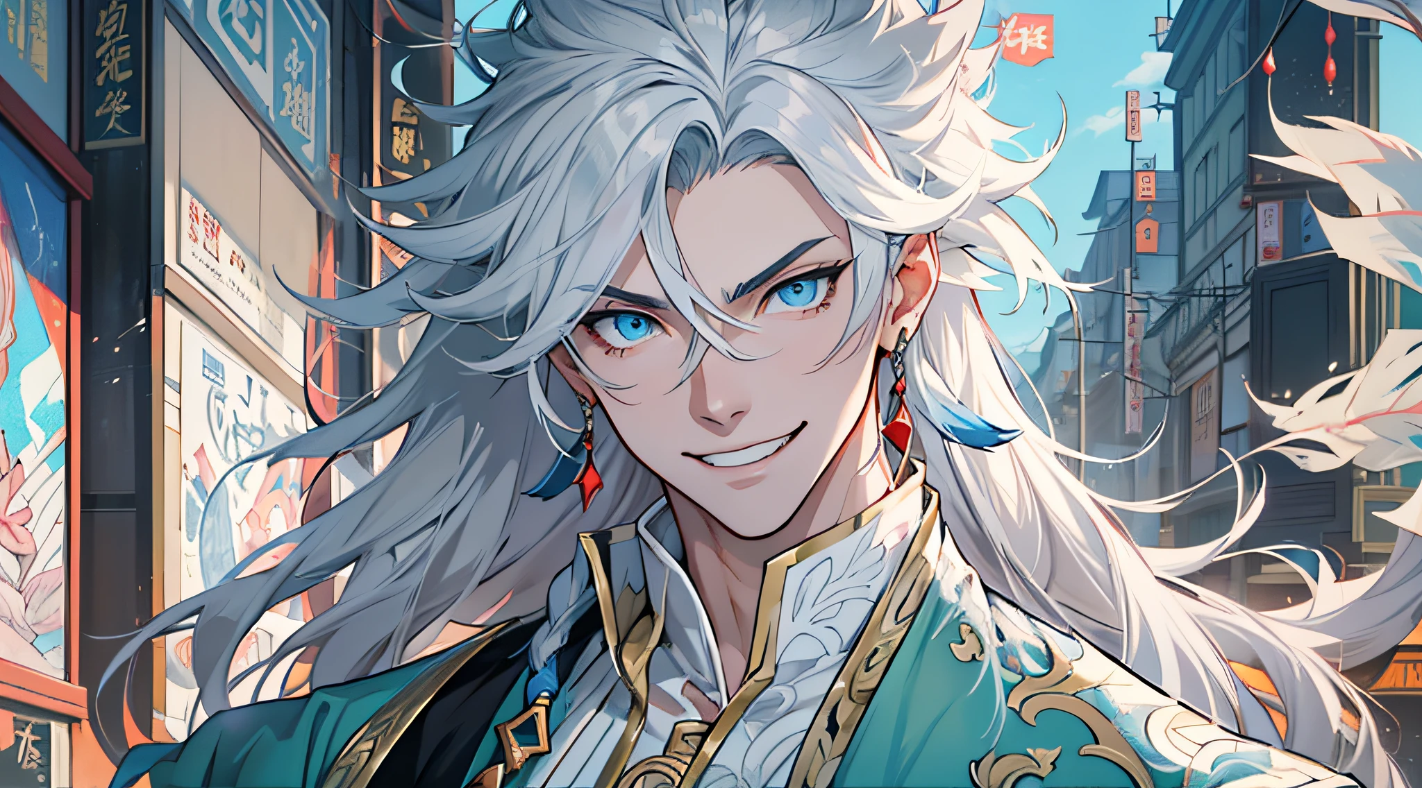 anime character with long white hair and blue eyes standing in city, keqing from genshin impact, handsome guy in demon slayer art, zhongli from genshin impact, white haired deity, tall anime guy with blue eyes, genshin impact character, onmyoji portrait, casimir art, beautiful androgynous prince, heise jinyao,black blue shirt, black suite,white overcoat, Portrait, small blue Sea horse around man, focus viewer, smile, V sign
