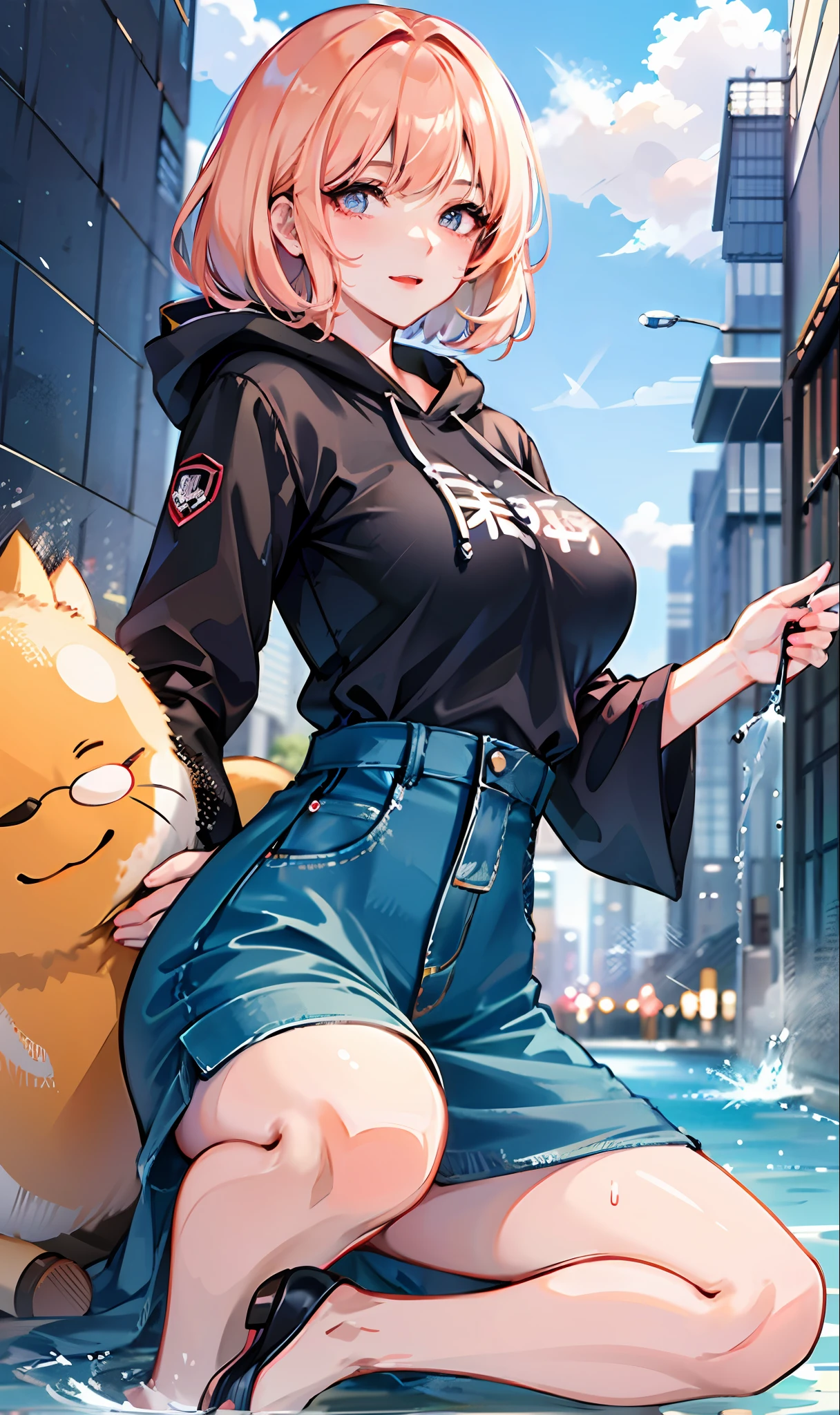 Beautuful Women、Female height 162 cm、(masterpiece))、top-quality、high-level image quality、g-cup、ultra-detailliert、ighly detailed、face perfect、((独奏))、large full breasts、big butts、Beautiful waist、a short bob、Sunglasses on the head、Hair is two-tone orange and black、Blue pupil、fullbody image、sexual excitement、My whole body is wet、Casual clothing、((((((Casual clothing))))))、dressed casually)、very highly detailed breasts、detailed buttocks、Detailed finger、Stuffiness、Torogao、Realistic moisturized skin、(soaked body:1.3)、Eye of Detail、erotick、beatiful backgrounds、((Background Japan Tokyo))、(Black hoodie)、shoes