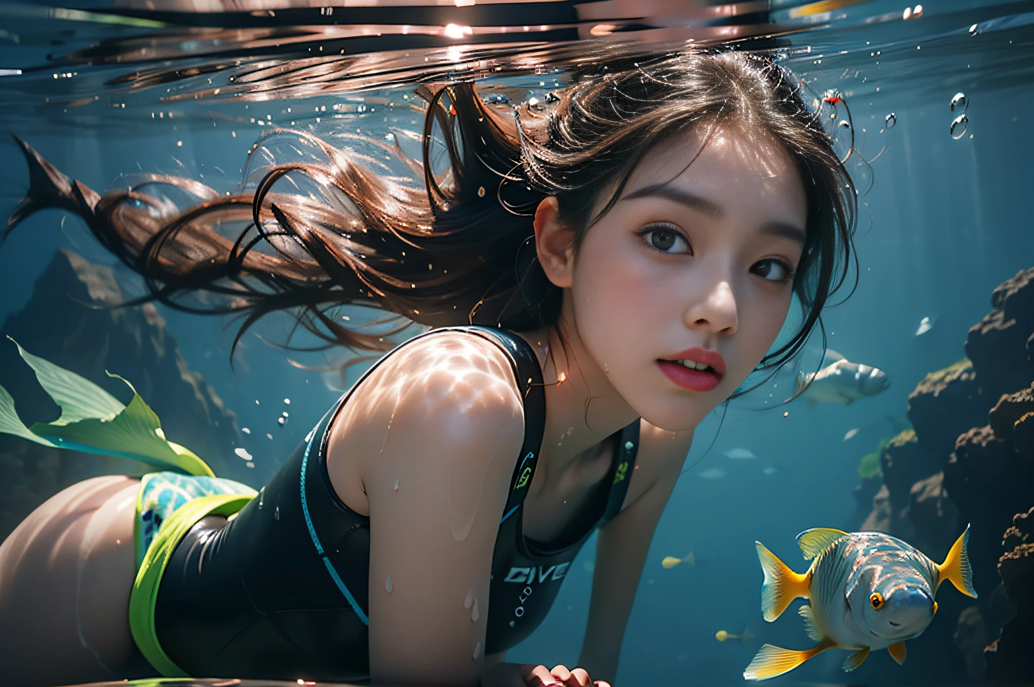 25 years old Korean girl,1个Giant Breast Girl,girl on top, wet suit, s the perfect face, eBlue eyes, Lace, dive,Under water,shuixia,Break,Blue tones,(((surrounded with fishes))),Diving skirt