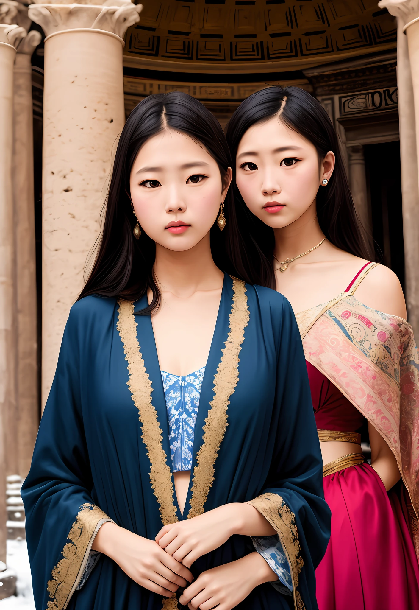（Positive focus),2girls,duo,navel,(At the Pantheon in Rome,crowd,winter,Snowy),Surrealistic Female Portraits by David Hockney and Alphonse Mucha,Fantasy art,photograph realistic， Dynamic lighting，art  stations,poster for,Volumetriclighting,Very detailed faces,4K,Award-Awarded,Fantastic costumes,Deep shadows,low tune,cowboy lens， （official outfit：1.4）， looking at the camera in， Half-body shot，（（Realistic face））），