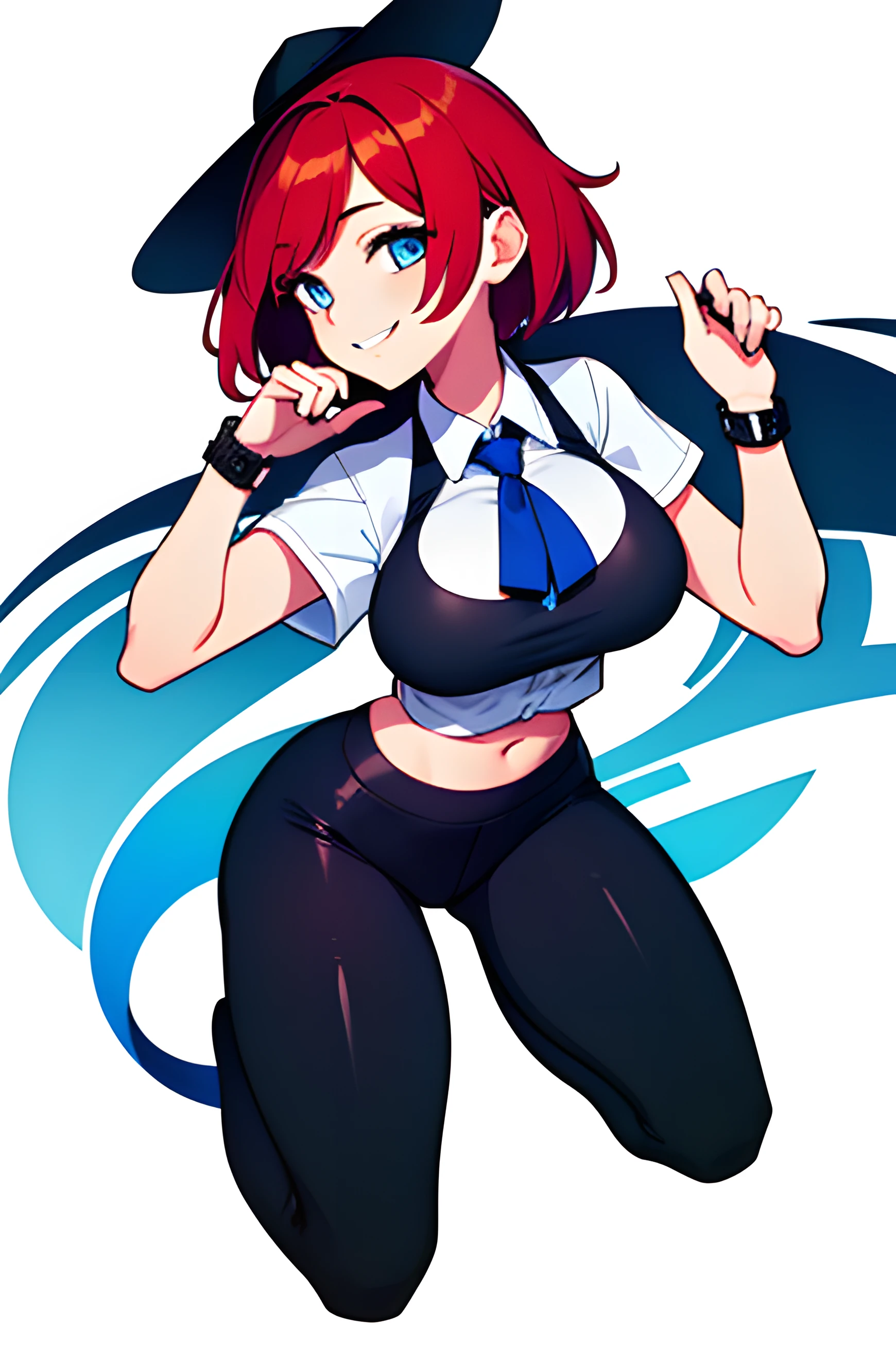 (high quality), 1 girl, (hotify:1.2),27 years old,tall,red_hair,short hair, detailed hair, smile,white shirt,only shirt,short shirt, big breasts, (wide hips:1.2), blue leggings, body tight leggings, perfect eyes, blue eyes and detailed,detailed eyes, bare navel, free hands, intricate details, best quality,1girl,ultra high res, full body, multiple views of the character in the same outfit, simple background, white background,