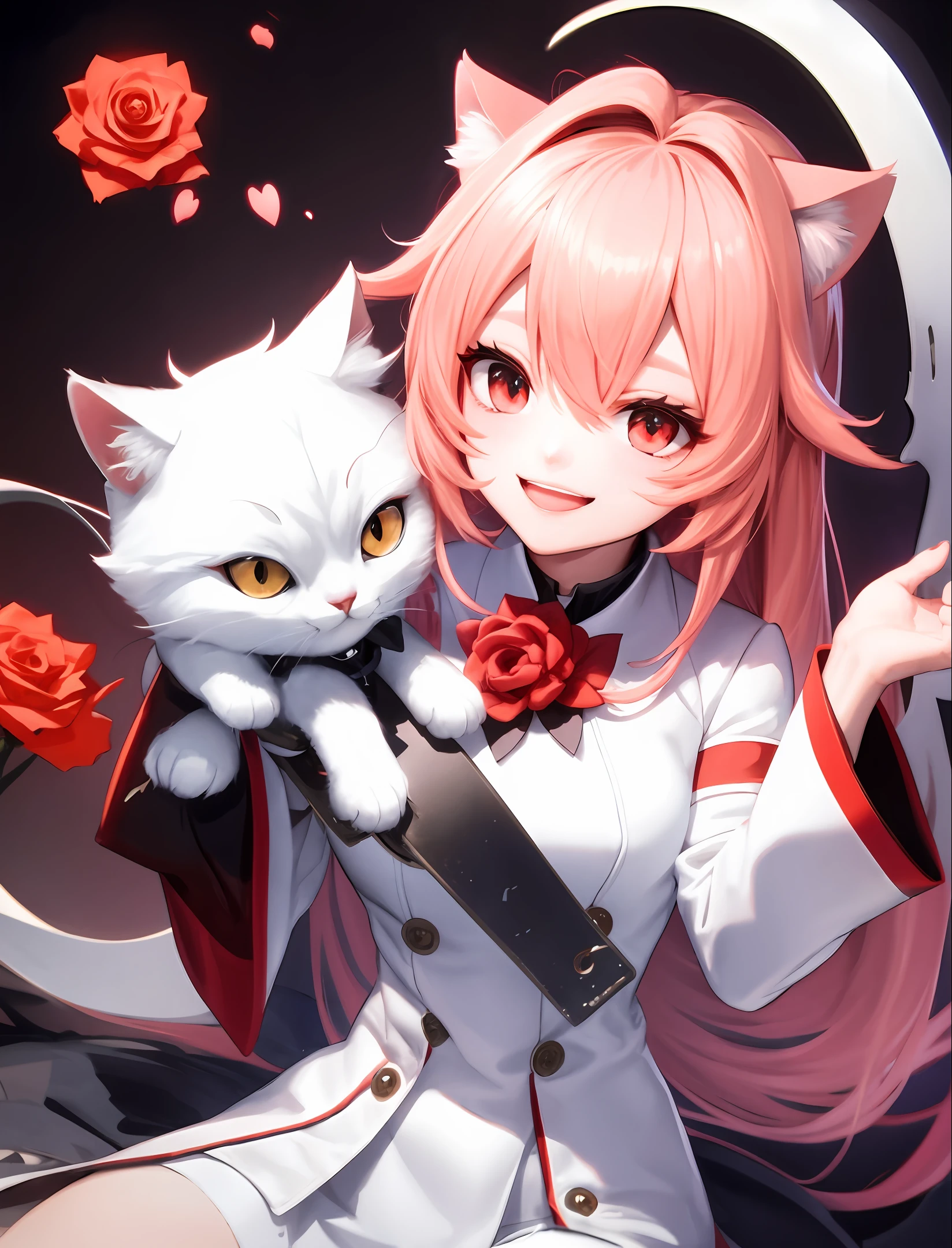 rose hair, red-eyes, Cat's ears, Someone, High, in a white suit, Not trucks, I don't like trucks, Smiling, loves you,