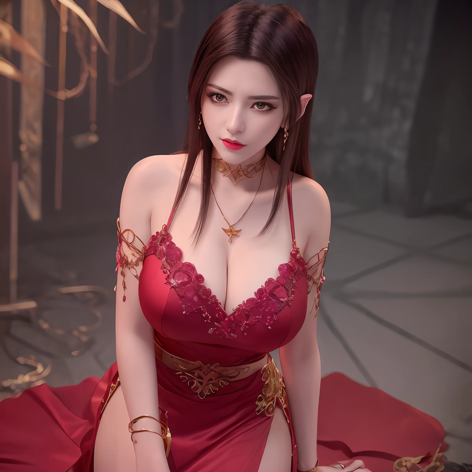 1girl, jewelry, solo, long hair, earrings,beautiful hands, perfect hands, brown hair, necklace, pointy ears, dress, choker, closed mouth, looking at viewer, bare shoulders, red dress,full body,ultra realistic 8k cg, picture-perfect face, flawless, clean, masterpiece, professional artwork, famous artwork, cinematic lighting, cinematic bloom, perfect face, beautiful face, fantasy, dreamlike, unreal, science fiction, huge breasts, beautiful clothes, lace, lace trim, lace-trimmed legwear, (rich:1.4), prestige, luxury, jewelry, diamond, gold, pearl, gem, sapphire, ruby, emerald, intricate detail, delicate pattern, charming, alluring, seductive, erotic, enchanting, hair ornament, necklace, earrings, bracelet, armlet,halo