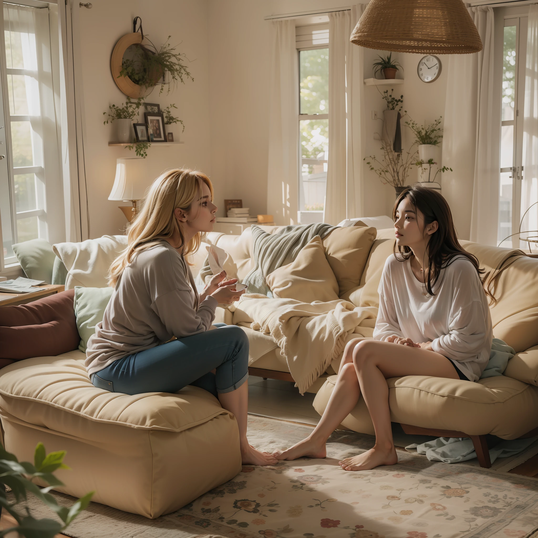 Two women, wearing comfortable t-shirts and panties, engrossed in a conversation in a cozy family room on a tranquil morning. One woman sits gracefully on the sofa, while the other sits comfortably on the floor.