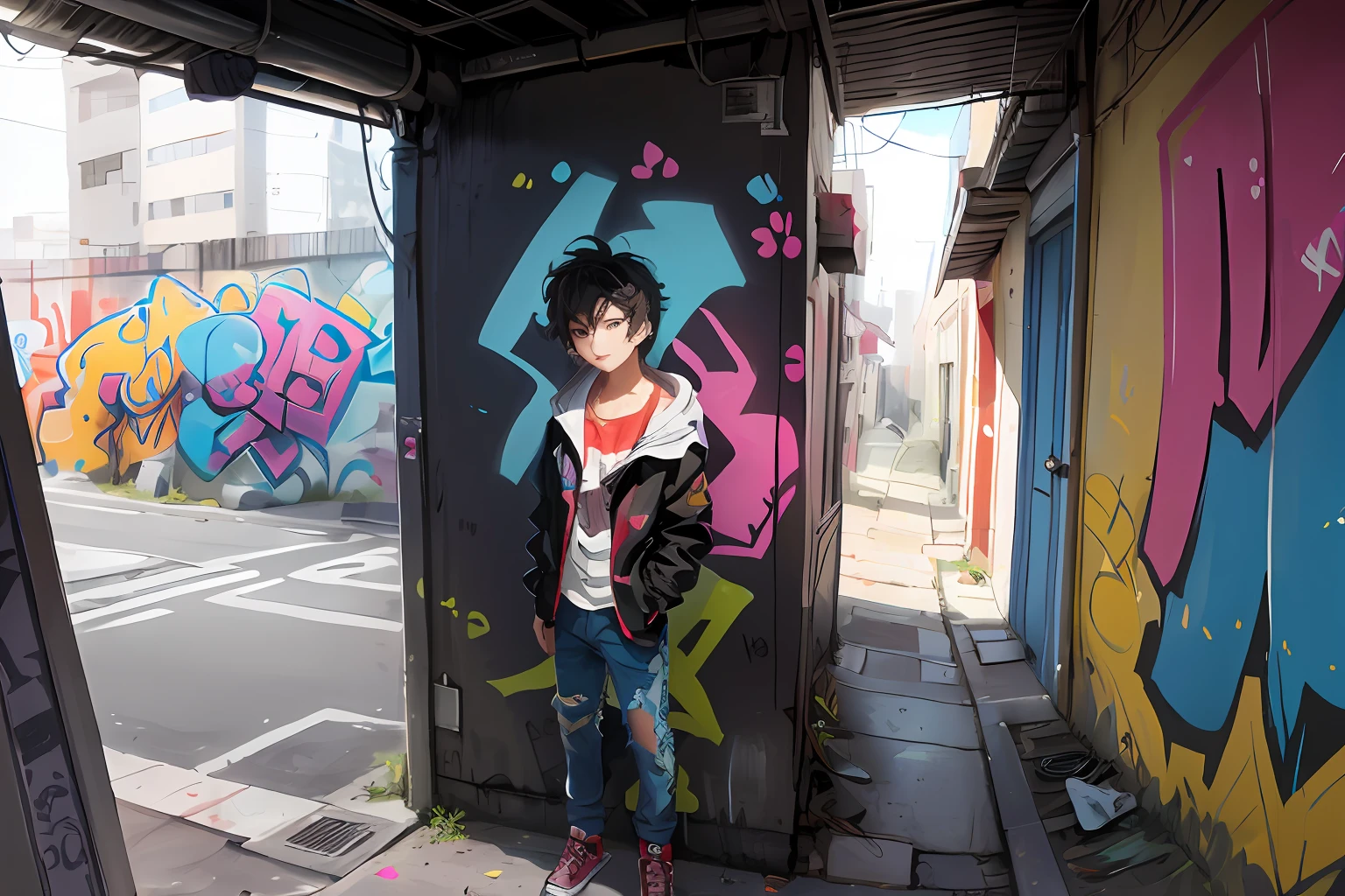 tmasterpiece,best qualtiy,Mysterious Street,The huge walls are covered with colorful artistic graffiti,Art extends to the end of the street,Amazing work,Splashing colors,Bad boy with messy hair,big headphone,The boy stands in the lower right corner of the wall,Play cool in front of the camera,Wear a trench coat and worn-out jeans,Covered in paint,looks into camera,Perspective angle,depth of fields,The panorama focuses on the graffiti wall。