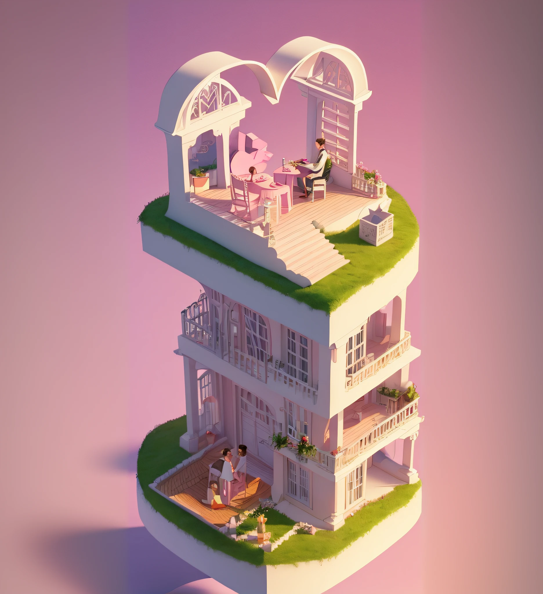 ((A couple)), ((huge love heart)), romantic atmosphere, Valentine's Day, romantic elements, ladder, minimalist style, trends, 3d,c4d rendering,miniature landscape, miniature world, isometric, top view,wedding scene,light pink background,simple style,((masterpiece)),((best quality)),((high detial)),((realistic,))