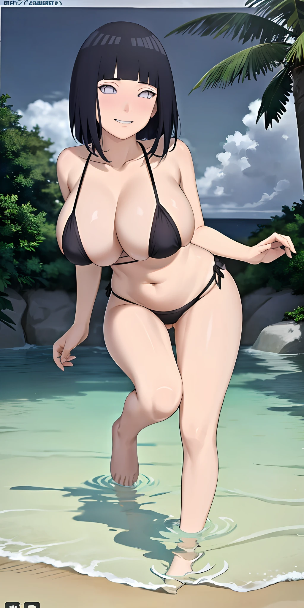 masterpiece, top-quality, 1人,Black Micro Bikini,sea the background of,suns,full body Esbian,A smile,huge tit,red blush,Hinata Hyuga,darkblue hair