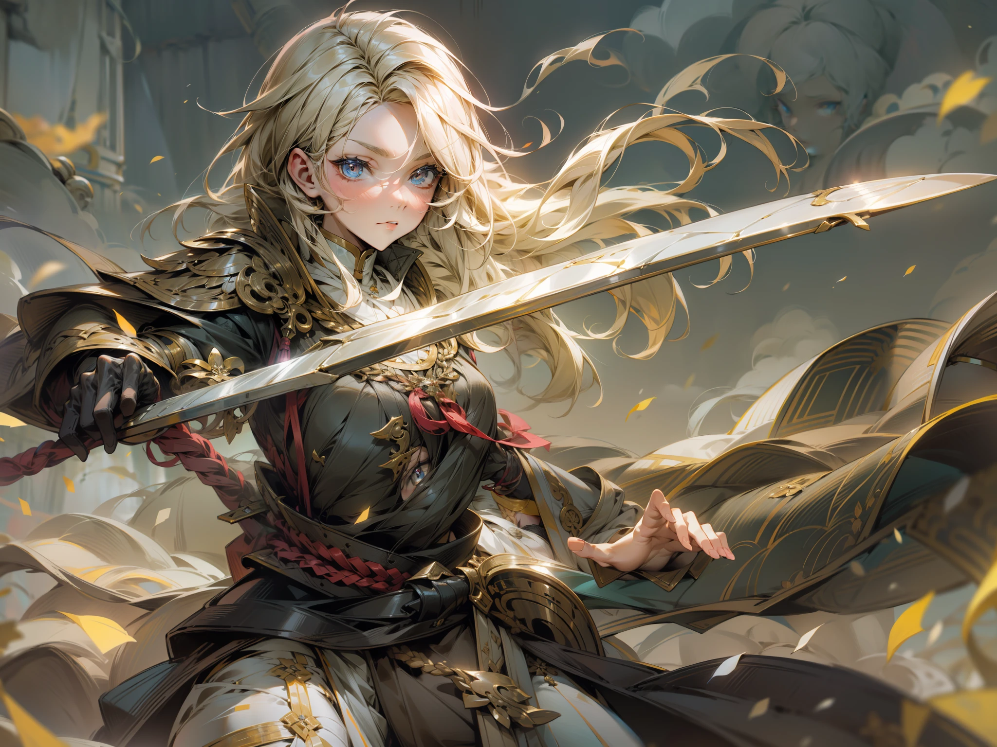 (masutepiece, Best Quality: 1.3), (16 K, High resolution: 1.3), Beautiful age girl, Cinematic Light, bio luminescent, Lone Girl, Milk beige hair, Sauvage Hair, close-up, Staring at the viewer, Dynamic Pose,Female military commander of the Three Kingdoms, a cool woman, eyes full of firm determination, and spear in her hand