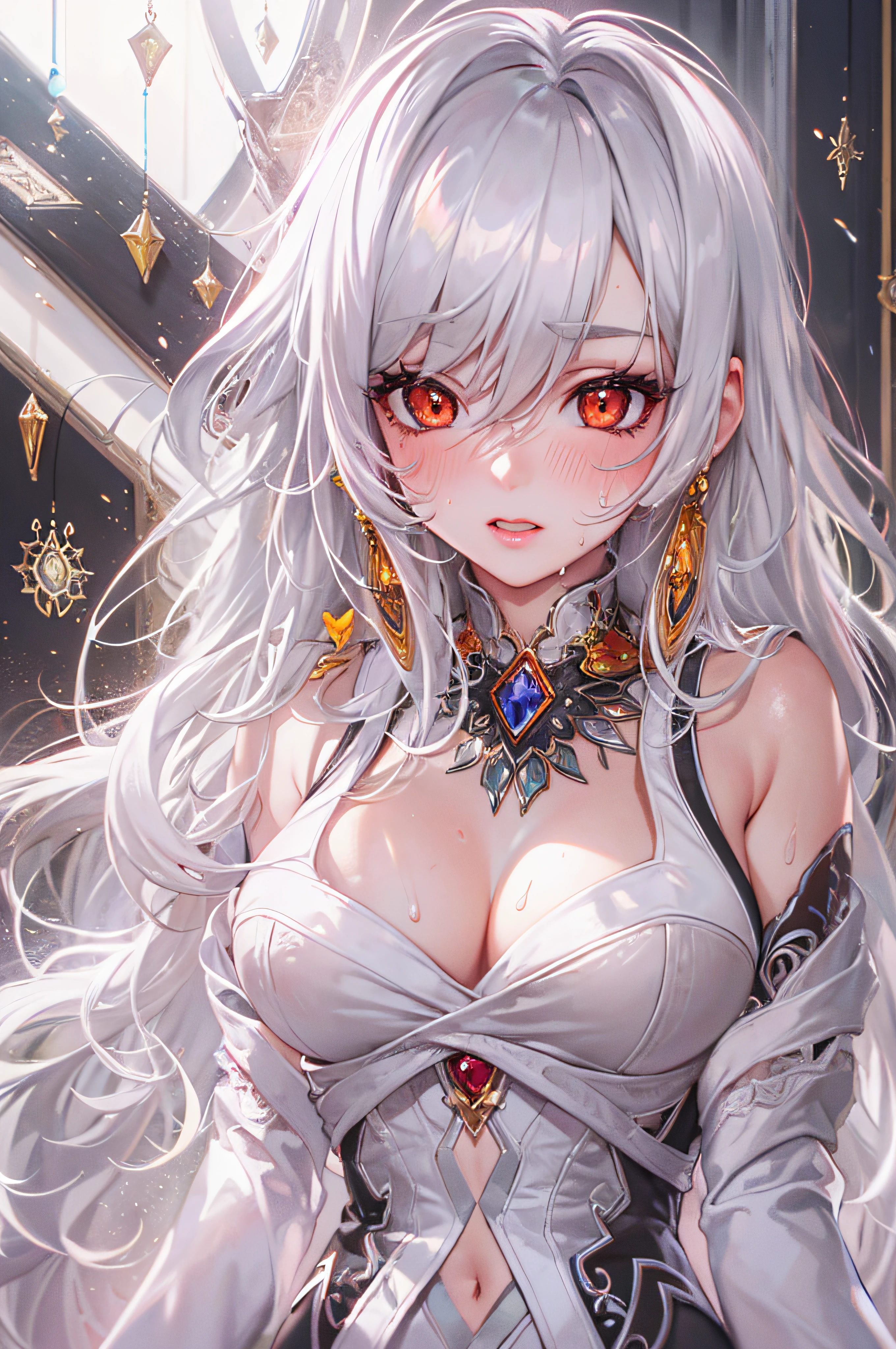 (masterpiece, top quality, best quality, official art, beautiful and aesthetic:1.2), (1girl:1.3), (fractal art:1.3),absurd, masterpiece, best quality, realistic, hyper-detailed, (shiny skin, sweaty:1.4), looking at viewer, slender, 1girl, solo,  white sneakers, white miniskirt, straight long hair, princess cut, white hair, red eyes, (thick thighs:0.5), dynamic lighting, high resolution, sharp focus, depth of field, medium breasts, side boob, vampire,  masterpiece, best quality, ultra-detailed, illustration, ultra-detailed face, best quality face, evil, 18 years old, adult, 1girl, 18 years old, white hair, alchemy outfit, intricate detailed outfit, sexy pose, glowing red dress, cute, kawaii, digital art, finely detailed eyes, blushing, red cheeks