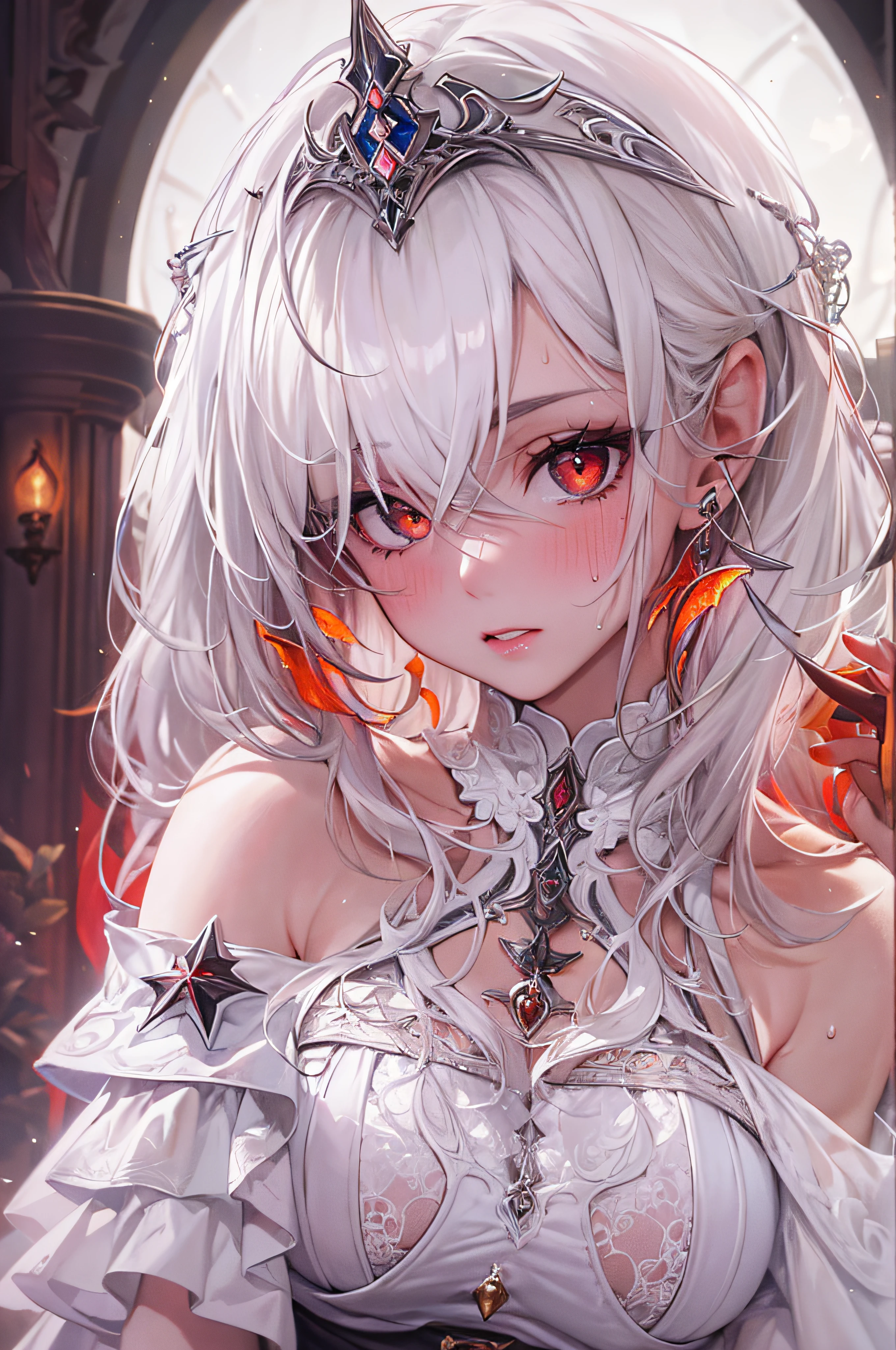 (masterpiece, top quality, best quality, official art, beautiful and aesthetic:1.2), (1girl:1.3), (fractal art:1.3),absurd, masterpiece, best quality, realistic, hyper-detailed, (shiny skin, sweaty:1.4), looking at viewer, slender, 1girl, solo, white sneakers, white miniskirt, straight long hair, princess cut, white hair, red eyes, (thick thighs:0.5), dynamic lighting, high resolution, sharp focus, depth of field, medium breasts, side boob, vampire, masterpiece, best quality, ultra-detailed, illustration, ultra-detailed face, best quality face, evil, 18 years old, adult, 1girl, 18 years old, white hair, alchemy outfit, intricate detailed outfit, sexy pose, glowing red dress, cute, kawaii, digital art, finely detailed eyes, blushing, red cheeks