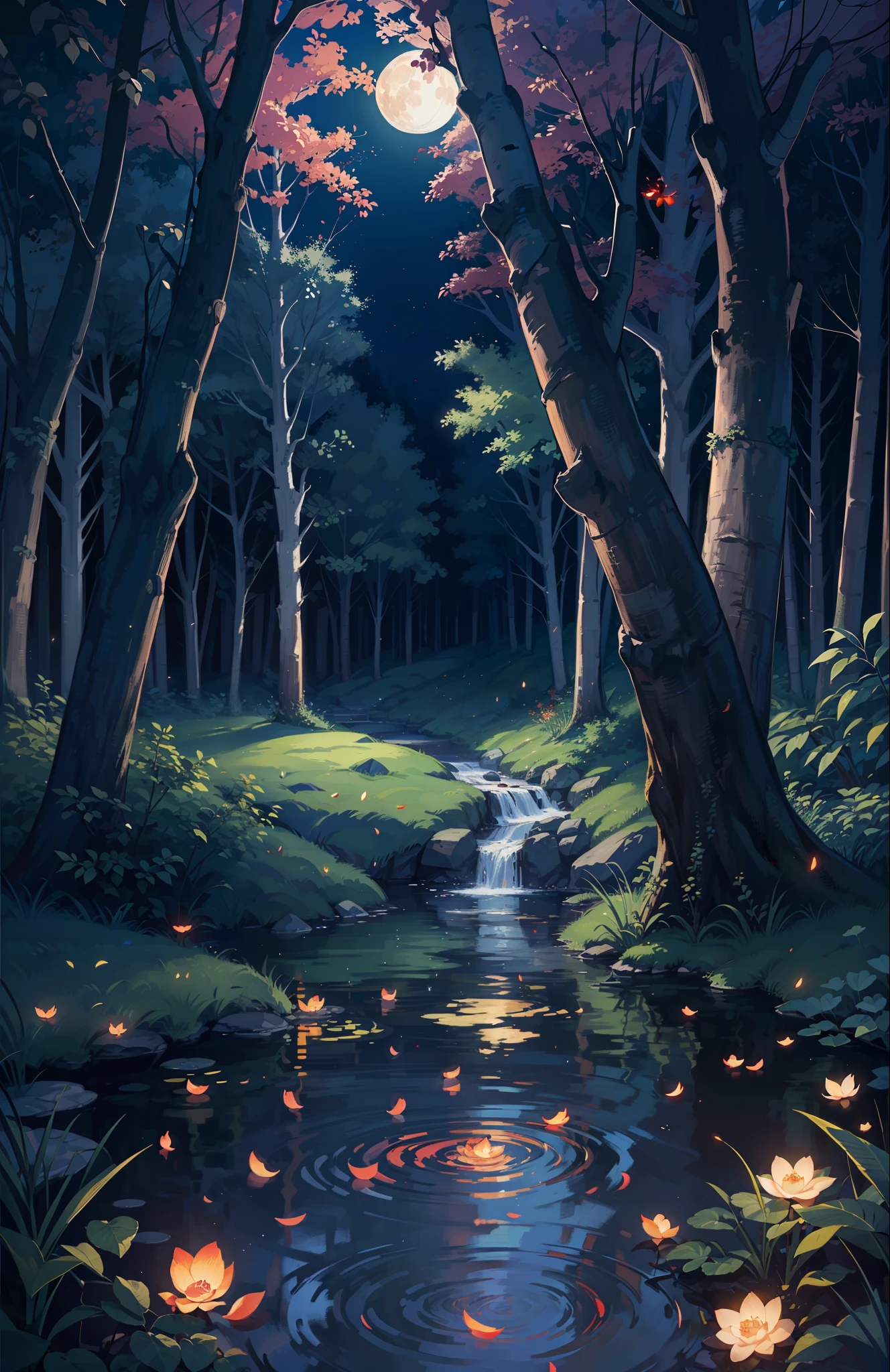 Masterpiece, best quality, (very detailed CG unity 8k wallpaper), (best quality), (best illustration), (best shadows), luminous sprite, mountain stream, (ancient Chinese architecture), stream, clear water near the lake, natural elements in a forest theme. Night Mysterious Forest, beautiful night forest, lotuses in the water, stone steps, stone bridge, night nature surrounded by night flowers, leaves and red branches surrounded by fireflies (natural elements), (night blackout), (night dark sky), (night jungle theme), (red glowing grass), (leaves), (branches), (red fireflies), (particle effects), 3D, dark background, Octane rendering, ray tracing, super detail, night, moon
