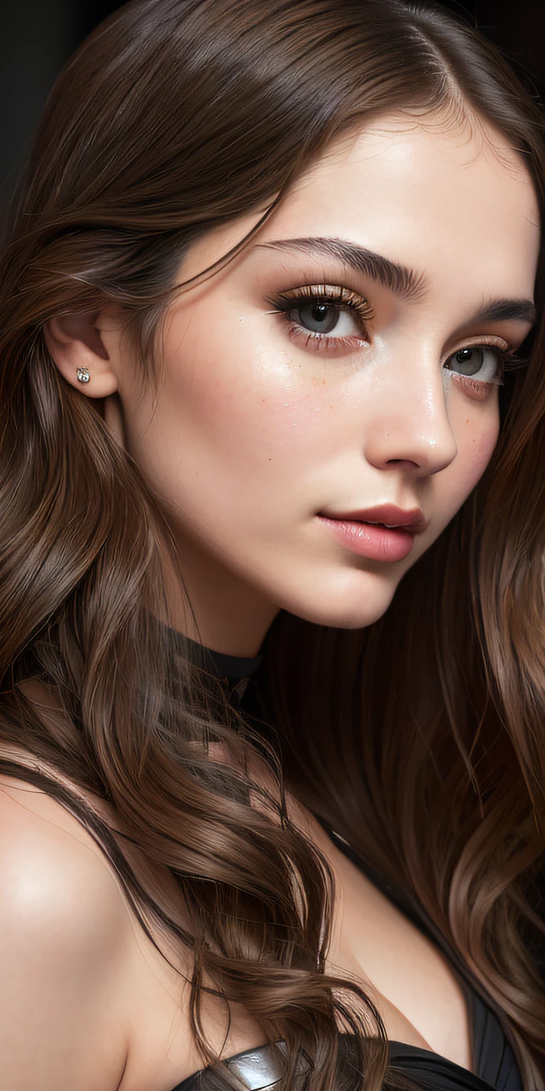 Photo of a 25-year-old European girl posing like a Mona Lisa painting、RAW、Beautuful Women、(Extra long wavy brown hair)、((portlate))、((A detailed face:1.2))、((detailed facial features))、(Fine skin)、pale-skinned、(Highly Detailed Deep Cleavage Cyberpunk Steel Dress)、Cyberpunk Megacity Environment、(cold color)、moist、moist、Reflectors、(masterpiece)(perfectly proportions)(photos realistic)(top-quality)(detaileds)photographed in a Canon EOS R5、 50mm lens、F / 2.8、HDR、(8k)(wall-paper)(电影灯光)(Dramatic lighting)(foco nítido)(Convoluted)、((facial close-up))、
