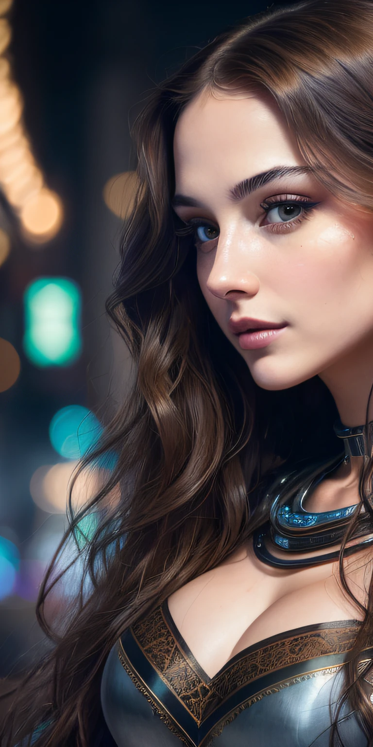 Photo of a 25-year-old European girl posing like a Mona Lisa painting、RAW、Beautuful Women、(Extra long wavy brown hair)、((portlate))、((A detailed face:1.2))、((detailed facial features))、(Fine skin)、pale-skinned、(Highly Detailed Deep Cleavage Cyberpunk Steel Dress)、Cyberpunk Megacity Environment、(cold color)、moist、moist、Reflectors、(masterpiece)(perfectly proportions)(photos realistic)(top-quality)(detaileds)photographed in a Canon EOS R5、 50mm lens、F / 2.8、HDR、(8k)(wall-paper)(电影灯光)(Dramatic lighting)(foco nítido)(Convoluted)、((facial close-up))、