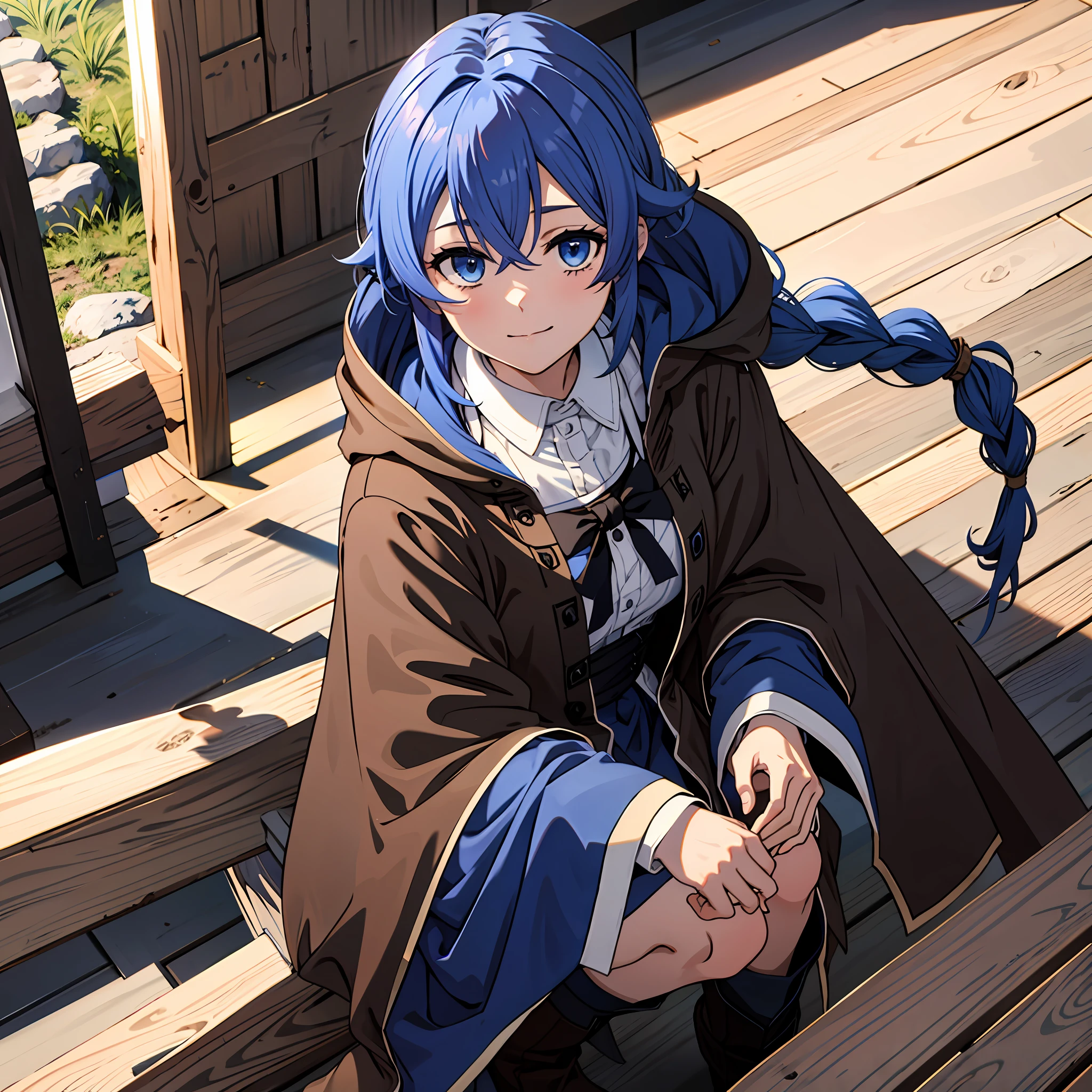 1girl in, Roxy Migurdia, Witch Hat, Blue eyes, Blue hair, twin braids, Twin-tailed, (Brown coat:1.1), Cape, robe, braided ponytails, knee boots, Witch, Holding, holding staff, Black socks, Hair Ribbon, bow ribbon, Looking at Viewer, sox, Smile, Closed mouth, plein air, Sun,, (masutepiece:1.2), hight resolution, Best Quality, 8K, Very Very Clear(((,crouching down　Panchira)))++