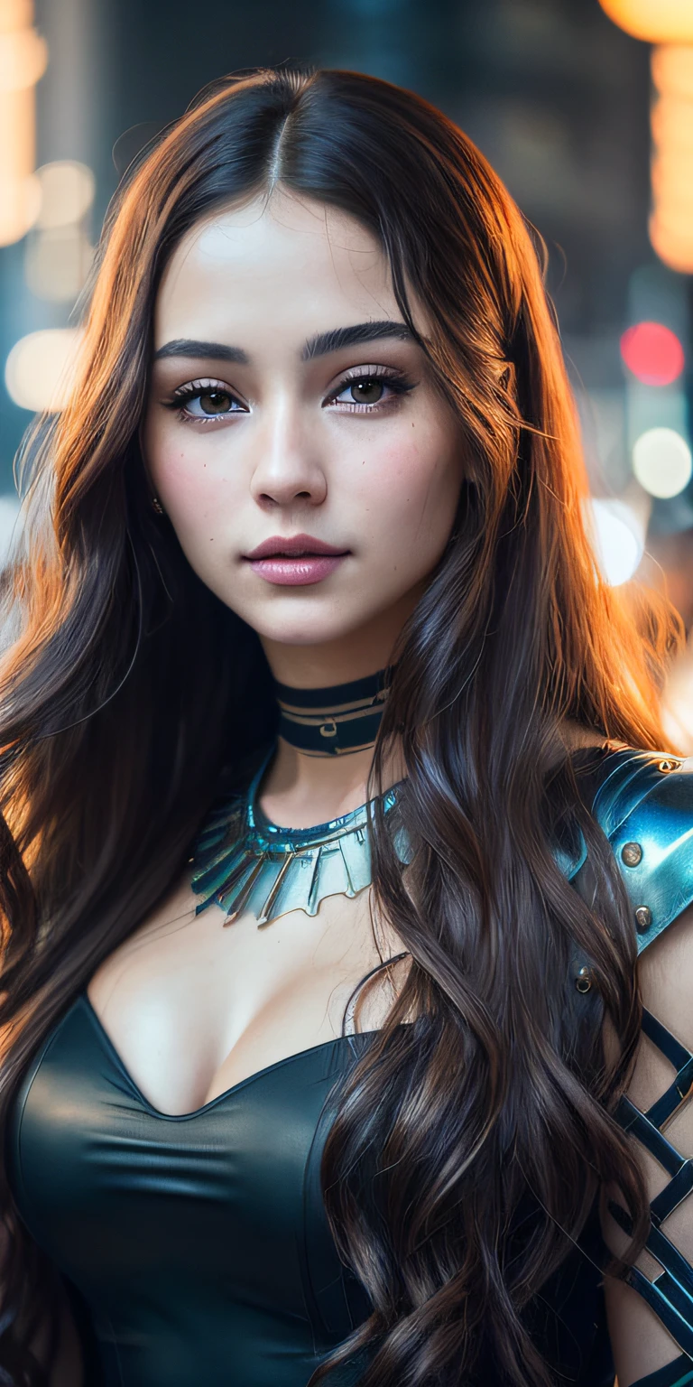 Photo of a 25-year-old European girl posing like a Mona Lisa painting、RAW、Beautuful Women、(Extra long wavy brown hair)、((portlate))、((A detailed face:1.2))、((detailed facial features))、(Fine skin)、pale-skinned、(Highly Detailed Deep Cleavage Cyberpunk Steel Dress)、Cyberpunk Megacity Environment、(cold color)、moist、moist、Reflectors、(masterpiece)(perfectly proportions)(photos realistic)(top-quality)(detaileds)photographed in a Canon EOS R5、 50mm lens、F / 2.8、HDR、(8k)(wall-paper)(电影灯光)(Dramatic lighting)(foco nítido)(Convoluted)、((facial close-up))、